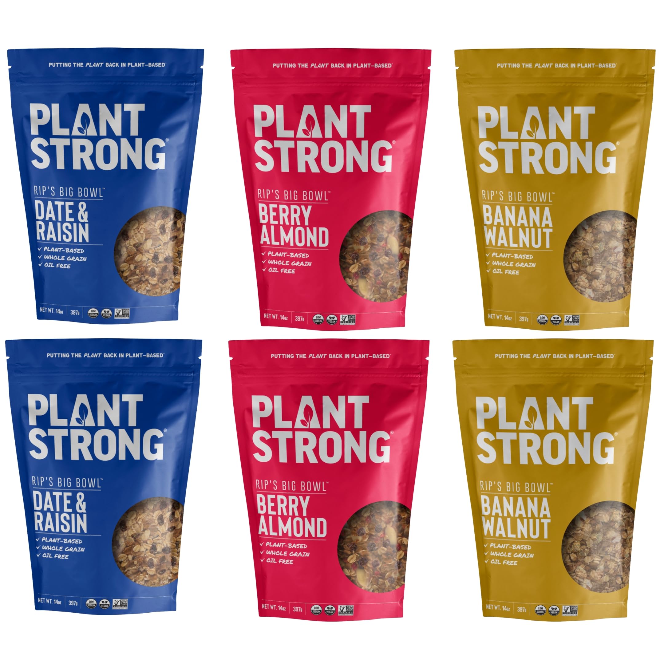 PLANTSTRONG Rip's Big Bowl Signature Cereals Variety Pack – Organic Oats & Whole Grains, Sweetened Only with Whole Dates (Date & Raisin, Banana Walnut