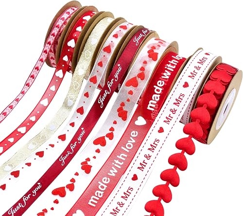 9 Rolls Hearts Ribbon Set - Valentine's Day Mother's Day Satin Ribbon, Printed Heart Ribbons for Gift Wrapping, Wedding Birthday Party Decorations, Crafts DIY Supplies (Valentine)