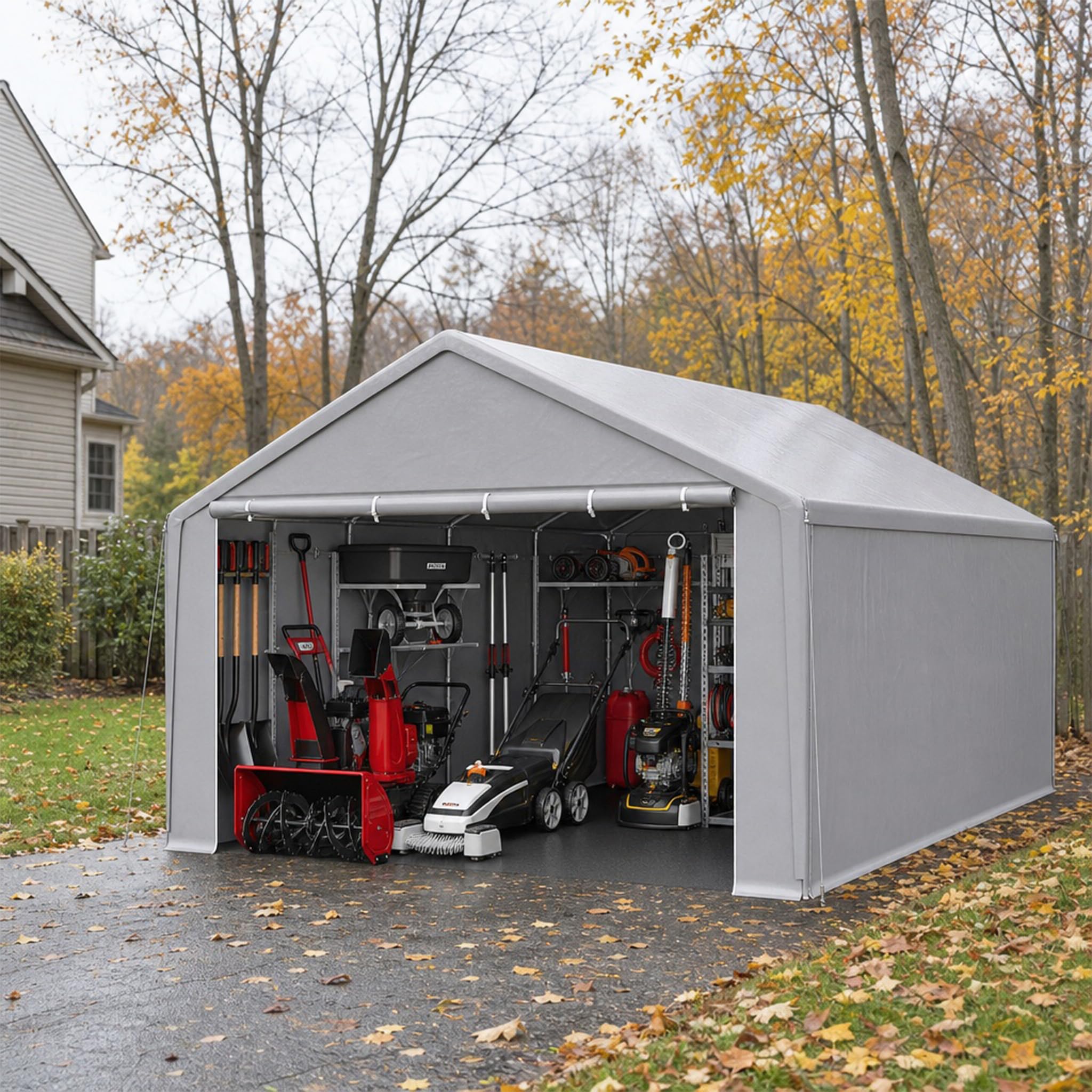 Lagerzelt Carport 4x8 m in Grau Gerätezelt wasserdicht Gartenhaus Stahlrahmen verzinkt Garten Aufbewahrung Zelt Unterstand für Auto Motorrad Lager Garten
