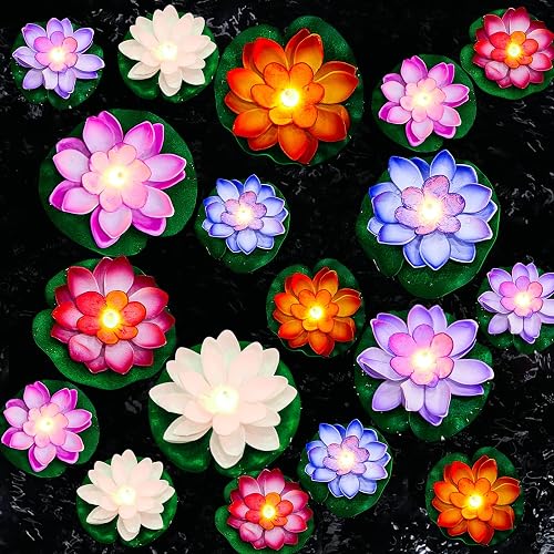Hortsun 18 Pcs 3.94/5.91 in Floating Lotus Lights with Battery, Multicolor