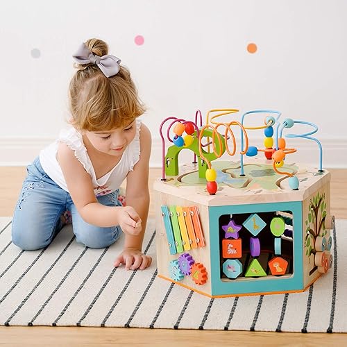 Miniatura 2 de Teamson Kids Laboratorio de juego preescolar 7 en 1 - Cubo de actividades de madera grande, laberinto de cuentas y conteo para niños, juguetes para