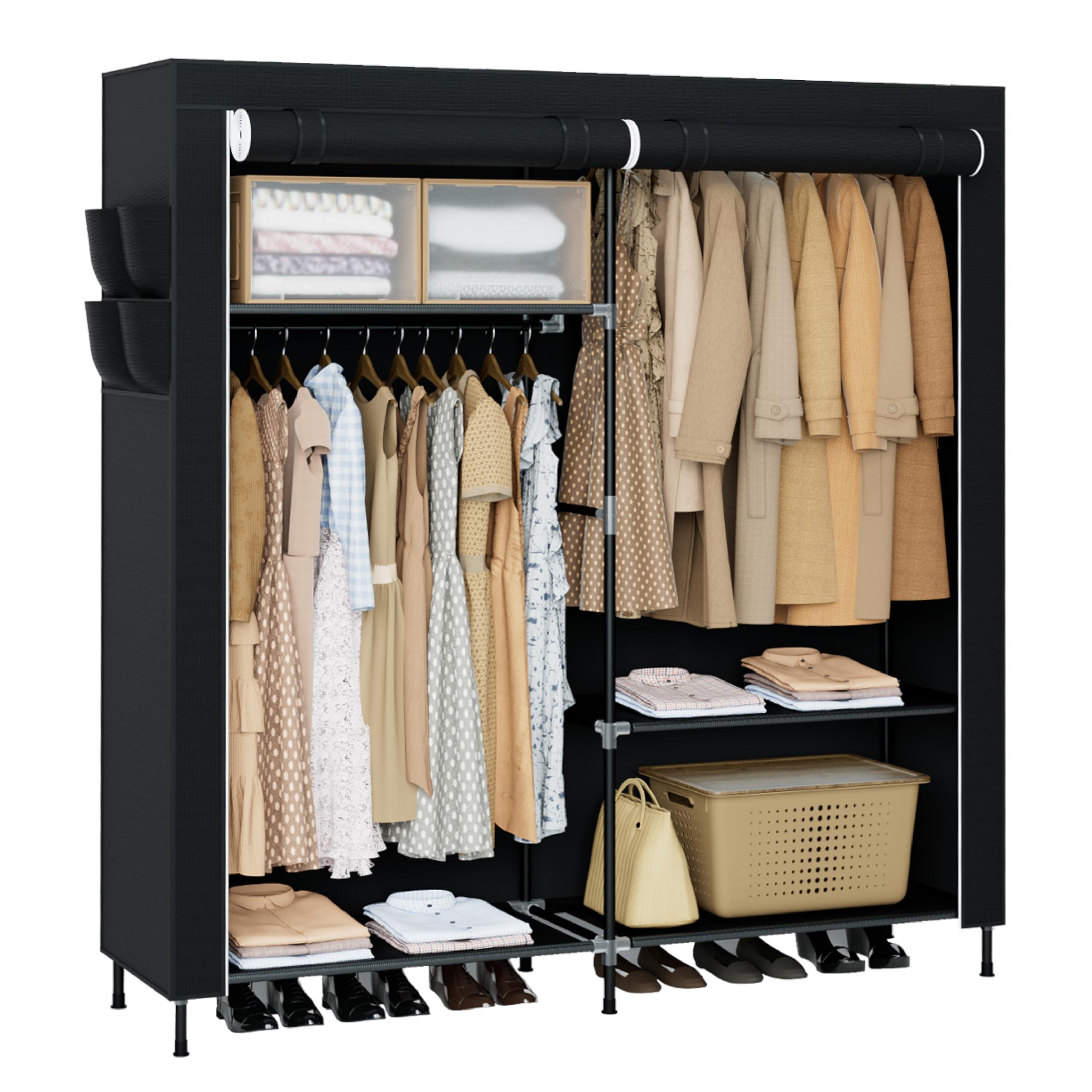 CASAMAYA Portable Closet, 61.8 Inch Large Capacity Wardrobe Closet with Cover, Clothes Storage Organizer with Shelves and 2 Hanging Rods, Easy to