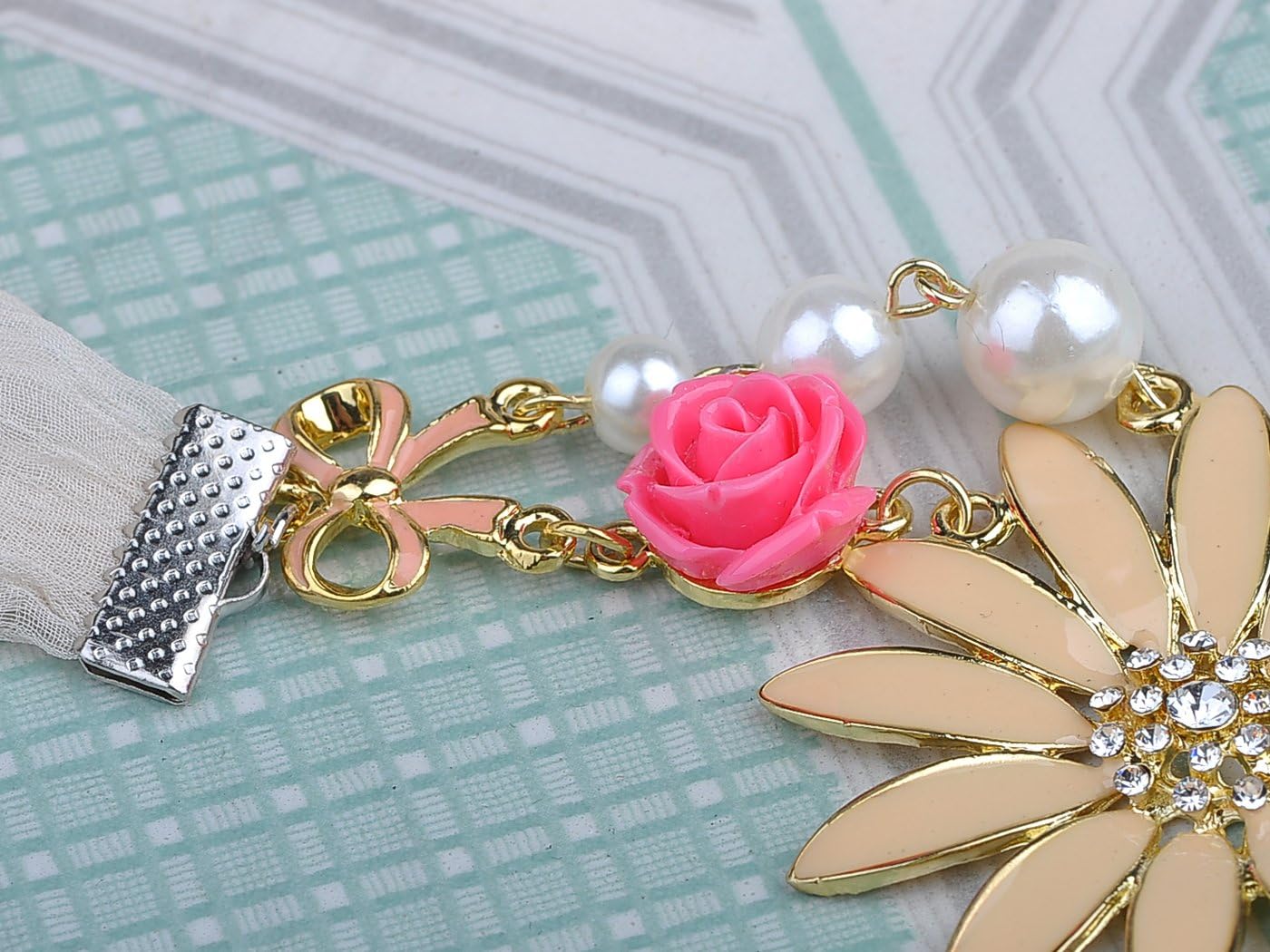 Alilang Golden Tone Enamel Flower and Butterfly Bib Statement Necklace Rhinestone Pearl