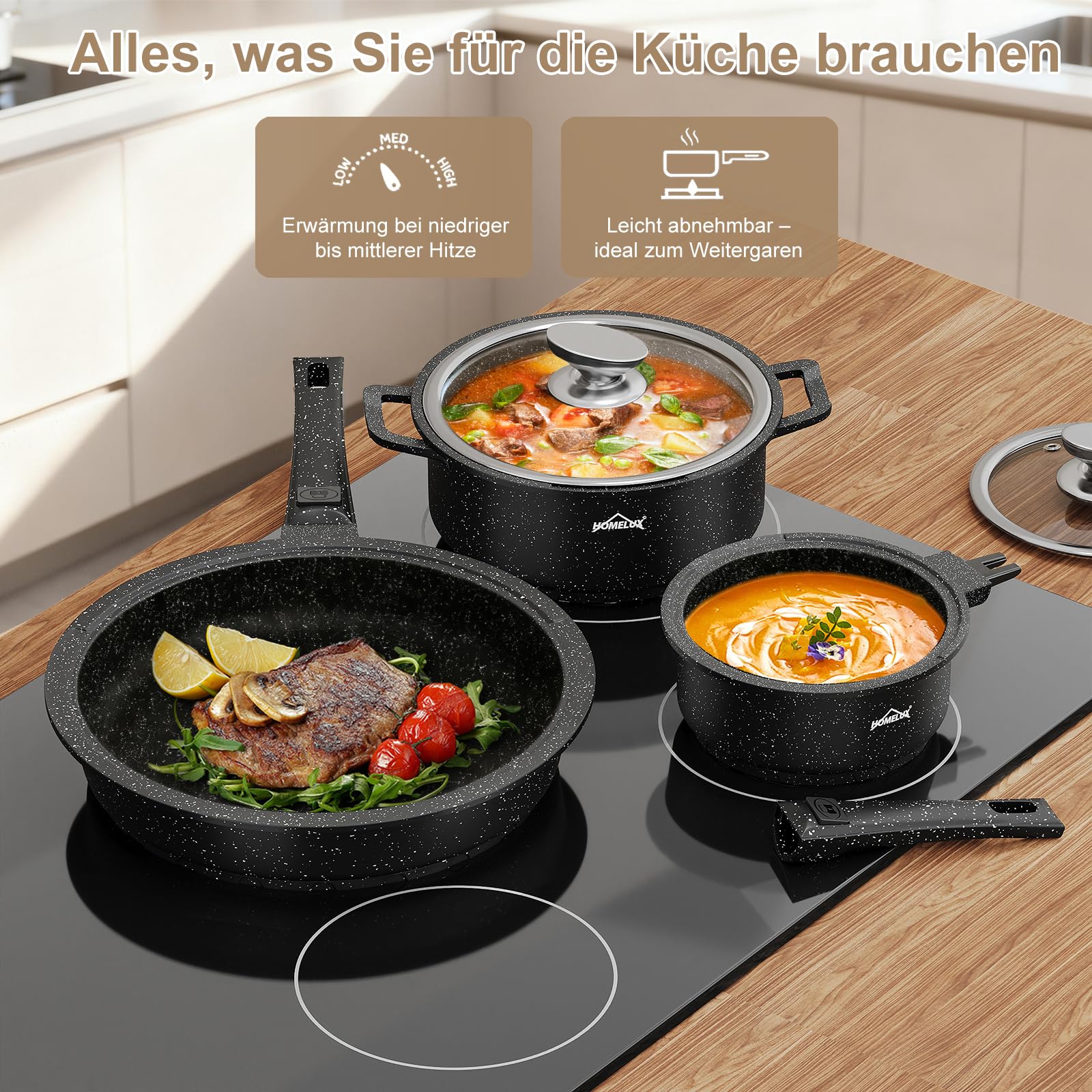 HOMELUX 10-tlg. Induktions-Topfset mit abnehmbaren Griffen & Antihaft | Stapelbar & ofenfest, Pfannen, Milchtöpfe & Kochtöpfe in diversen Größen, für alle Herdarten geeignet, Schwarz