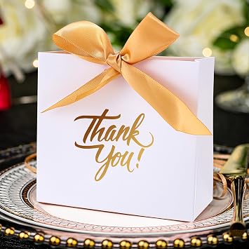 Yoption 50 قطعة من صناديق هدايا حفلات الزفاف، أكياس هدايا شكر صغيرة مع شريط قوس ذهبي لحفل زفاف وحفل زفاف وحفل عيد ميلاد أبيض
