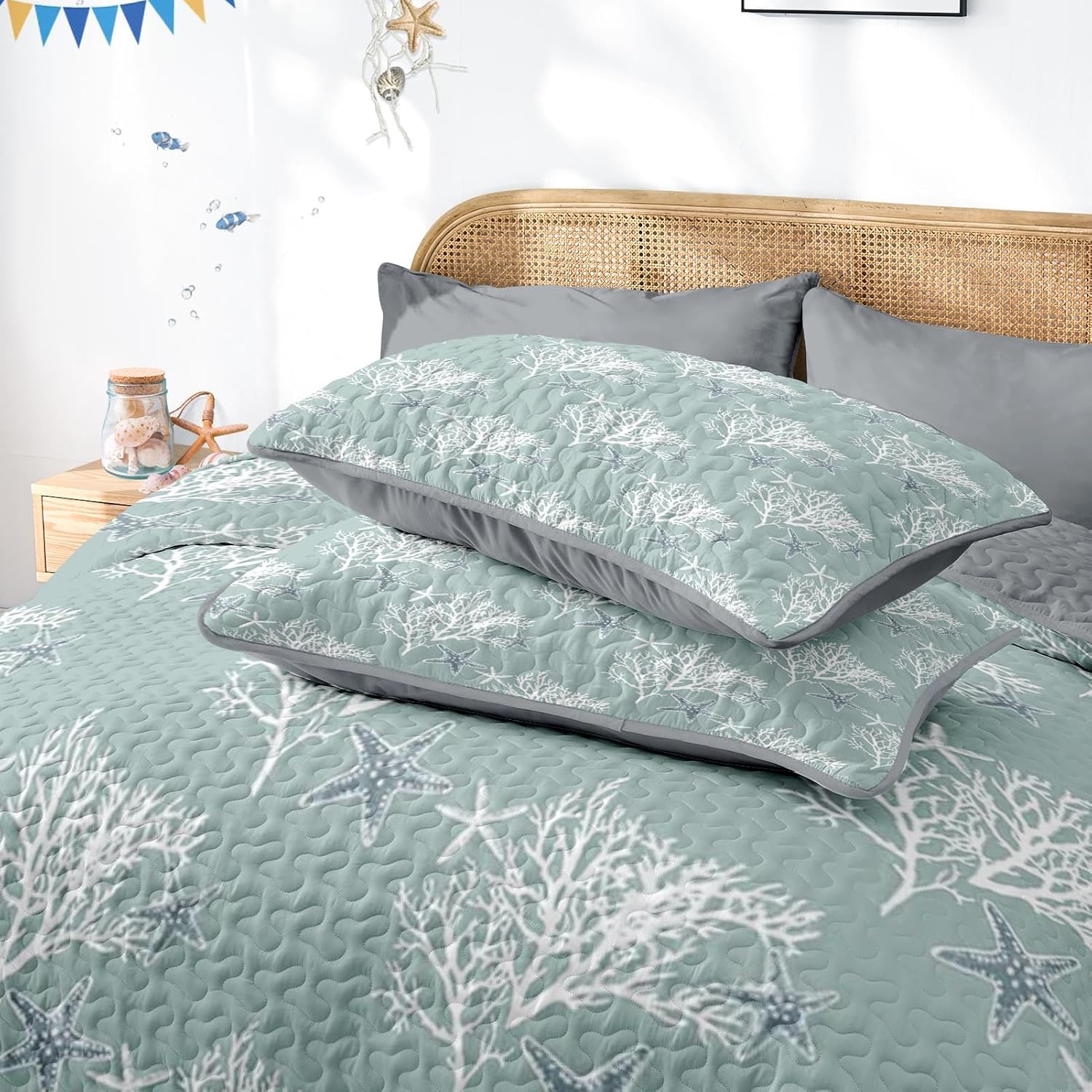 Quilt Set King Size, Ocean Water Beachy 3 Pcs Soft Bed Cover Bedding Set, Nautical Coastal Nature Lightweight Bedspread Coverlet with 2 Pillow Sham for All Season