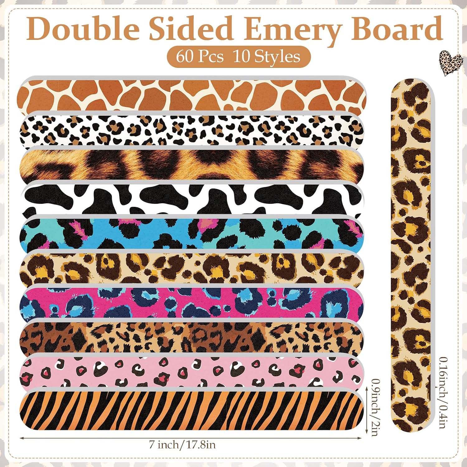 60 Pack Animal Print Nail Files for Women, Double Sided 180 Grit Emery Boards, 10 Colorful Leopard Cow Tiger Giraffe Designs, Bulk Manicure Tools for Party Favors, Gift Bags, Salon Supplies