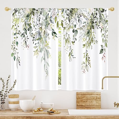 Miniatura 3 de Gibelle Cortinas de cocina de eucalipto estilo bohemio, rústico, floral, botánico, hojas verdes salvia, pequeñas cortinas cortas para cafetería,
