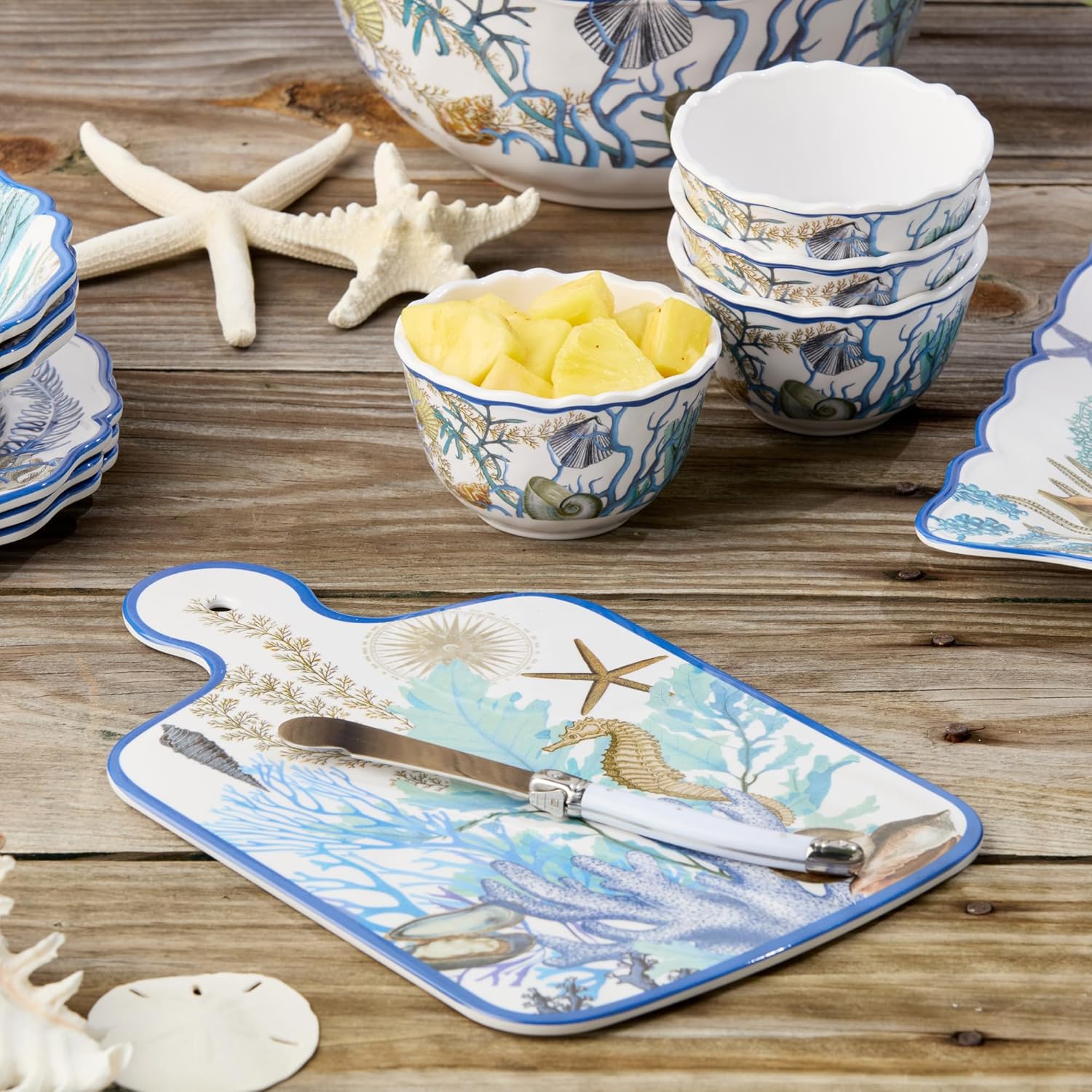 Blue Lagoon Cheese Plate & Oval Tray Set – Coastal Melamine Serveware with Dip Bowl & Cheese Knife for Charcuterie, Appetizers, Seafood & Snacks – Shatterproof, Indoor/Outdoor Entertaining