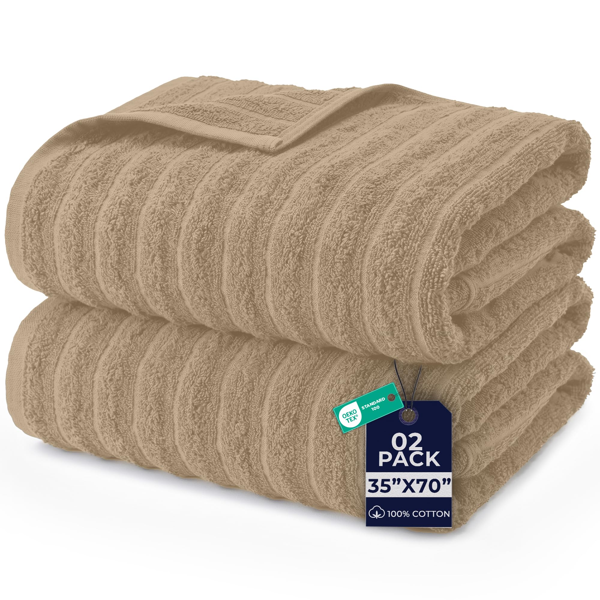 DAN RIVER Ribbed Extra Large Bath Sheets Pack of 2, 35 x 70 Inches, Tan