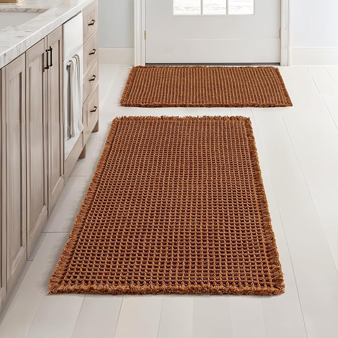 Set of 2 Waffle Bathroom Rugs, Light Grey, 17"x24"+18"x30"