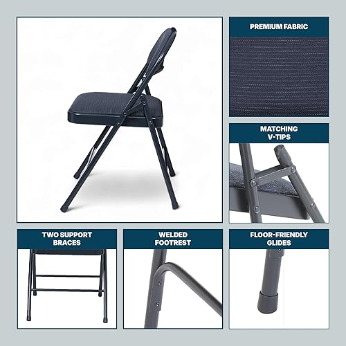 Miniatura 9 de OEF Furnishings Paquete de 4 sillas plegables de acero tapizadas de tela azul, asiento acolchado cómodo, marco recubierto de polvo de calibre 19,