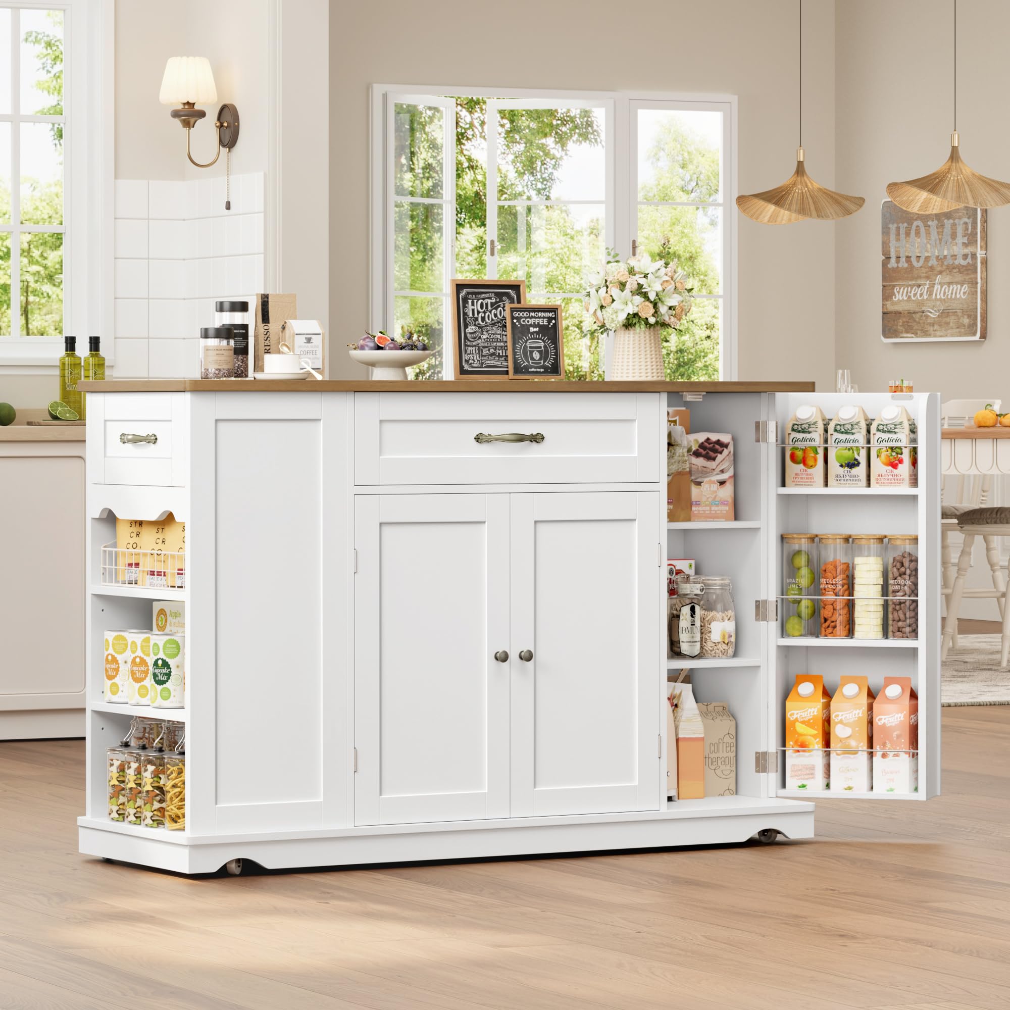 HOCSOK Kücheninsel mit 5 Rollen, Küchenwagen mit Gewürzregal, 120×40×86.5
