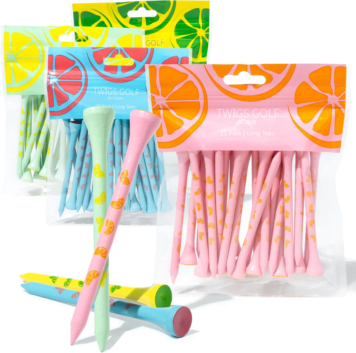 Tees, Long Bamboo Tees, 100 Count, 3-1/4 inch, Tropical Fruits Colorful Design
