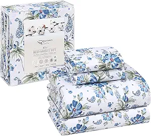 RUVANTI 100% Cotton Sheets Queen Size Set, 4 Pieces, Soft & Breathable Percale Weave Bedding, Deep Pocket 16", Hotel Standard, Crisp Cool Feeling, Durable, Perfect Floral Bed Sheet, Paislyona