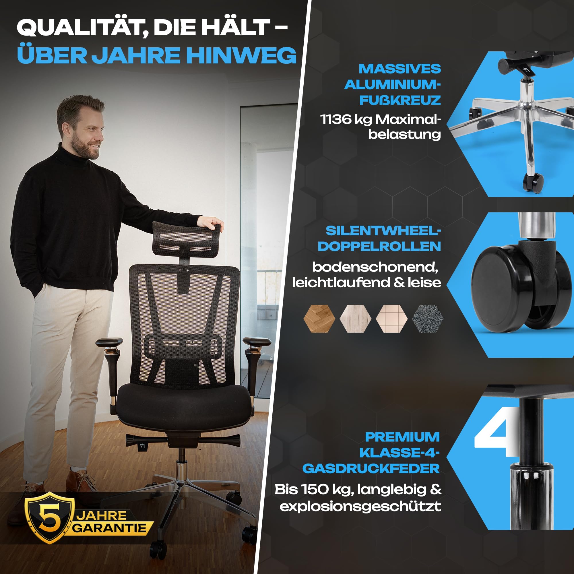 VALKENSTOL M8 Bürostuhl Ergonomisch Testsieger für Grosse Menschen, Breite Sitzfläche Schreibtischstuhl, Office Chair mit Lordosenstütze, Verstellbare Rückenlehne für Gesundes Sitzen Chefsessel 150kg