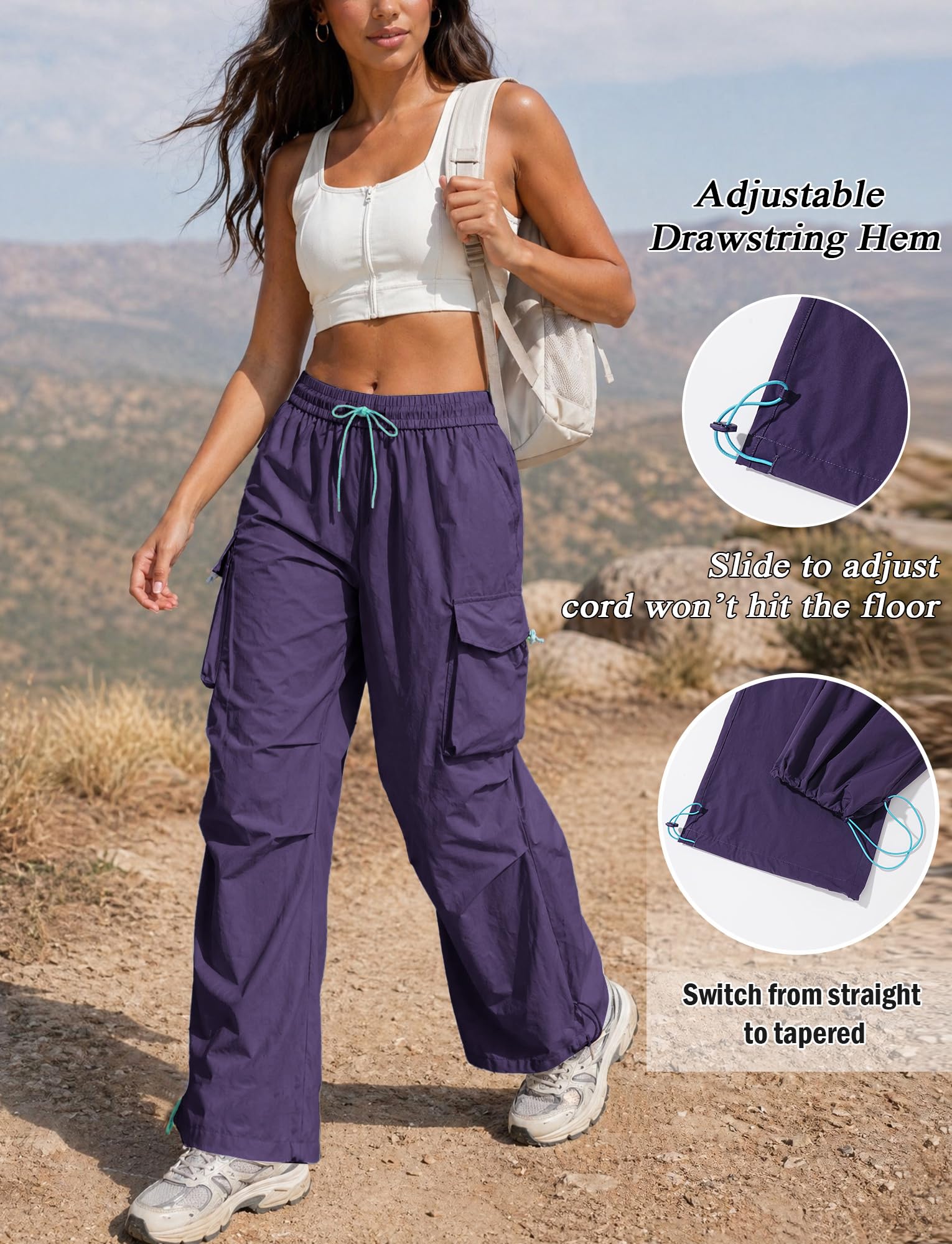 FEOYA Damskie spodnie trekkingowe, wodoodporne, szybkoschnące, spodnie outdoorowe, szerokie nogawki, spodnie cargo, Baggy Parachute Pants High Waist