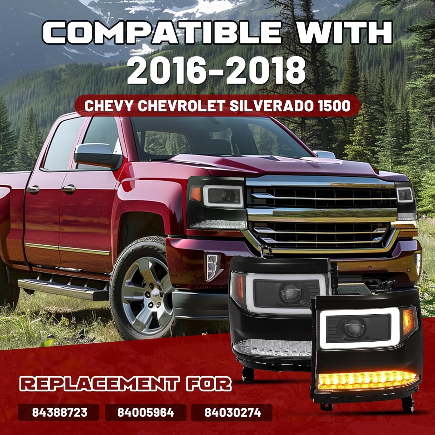 HECASA Pair LED Projector Headlights Compatible with 2016 2017 2018 Chevy Chevrolet Silverado 1500 LED Tube DRL Headlamps Assembly Driver & Passenger Side Clear Lens+Black Housing