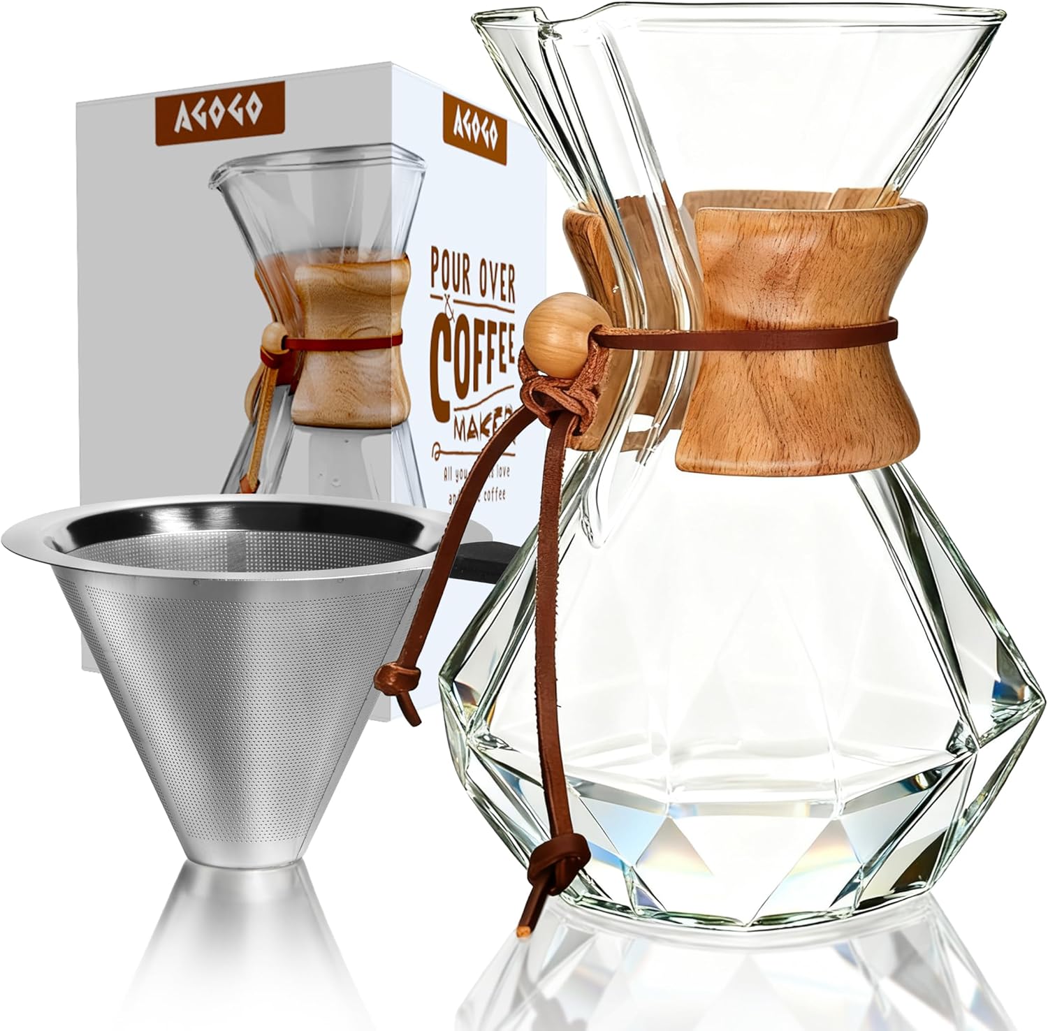 AGOGO Pour Over Coffee Maker Glass - Barista Kit with 304 Stainless Filter for Home, Office, Camping, Cafes - Easy Clean Coffee Dripper Set (Soft Towel&Brush) (28oz Diamond Design w/SS Filter)