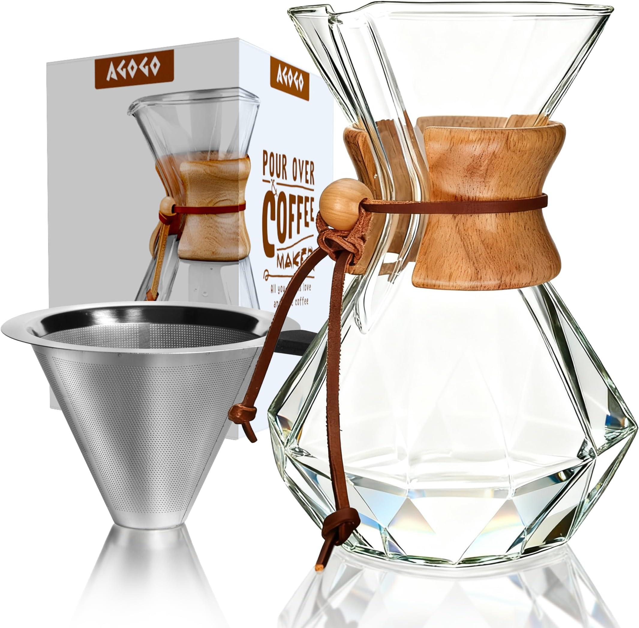 AGOGO Pour Over Coffeemaker Set Classic Series with Filter Diamond Shape 8 Cups