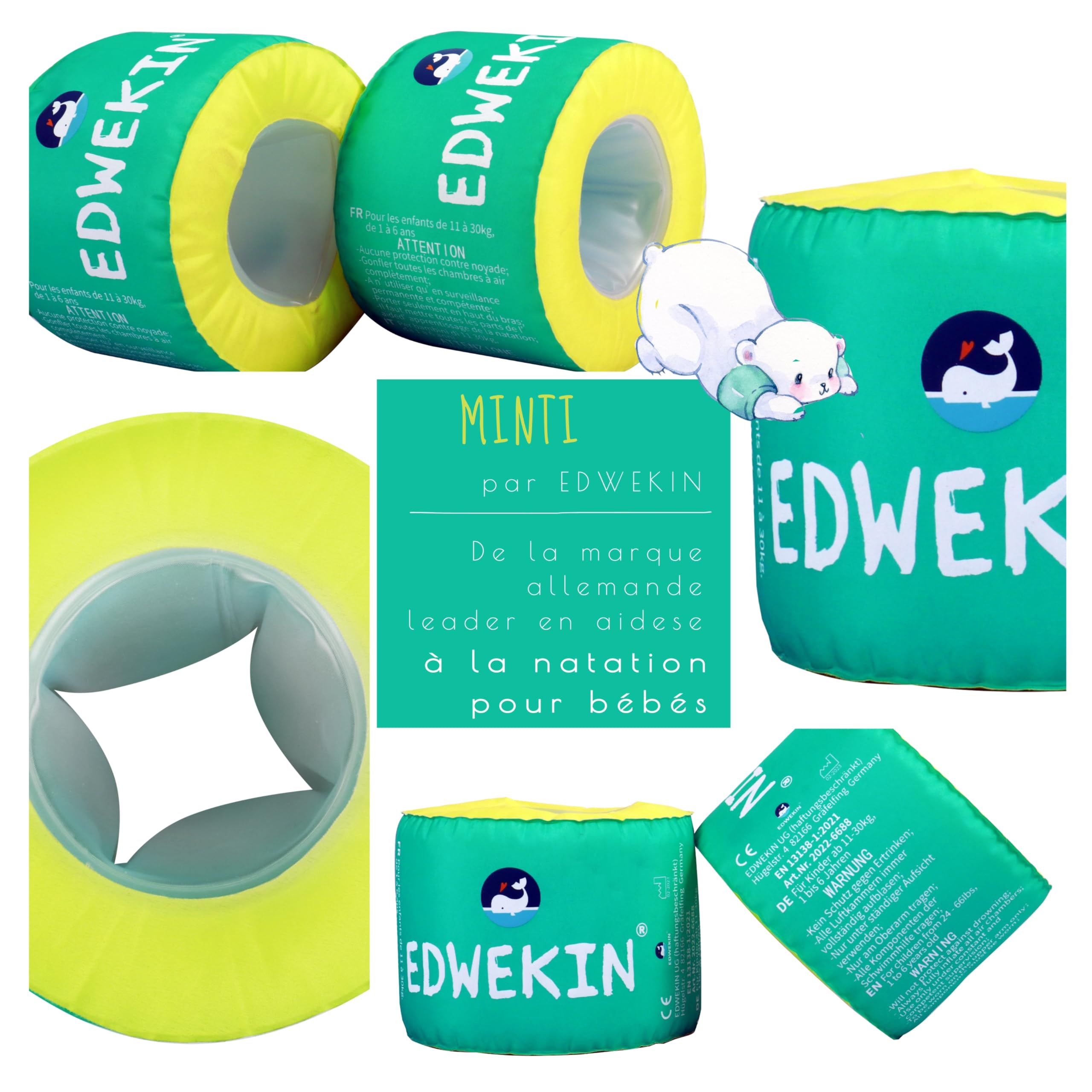 EDWEKIN® Brassards de Natation pour Enfants avec Noyau en Mousse et Surface en Tissu - Aide à la Natation Parfaite et élégante pour bébés et Enfants de 1 à 6 Ans