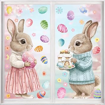 Hianjoo 2 Pcs Large Easter Bunny Window Clings, 23.62"11.81" Static Vintage Easter Egg Window Stickers for Glass Window Decor, Double-Sided Rabbit Decorations for Home School Party Supplies