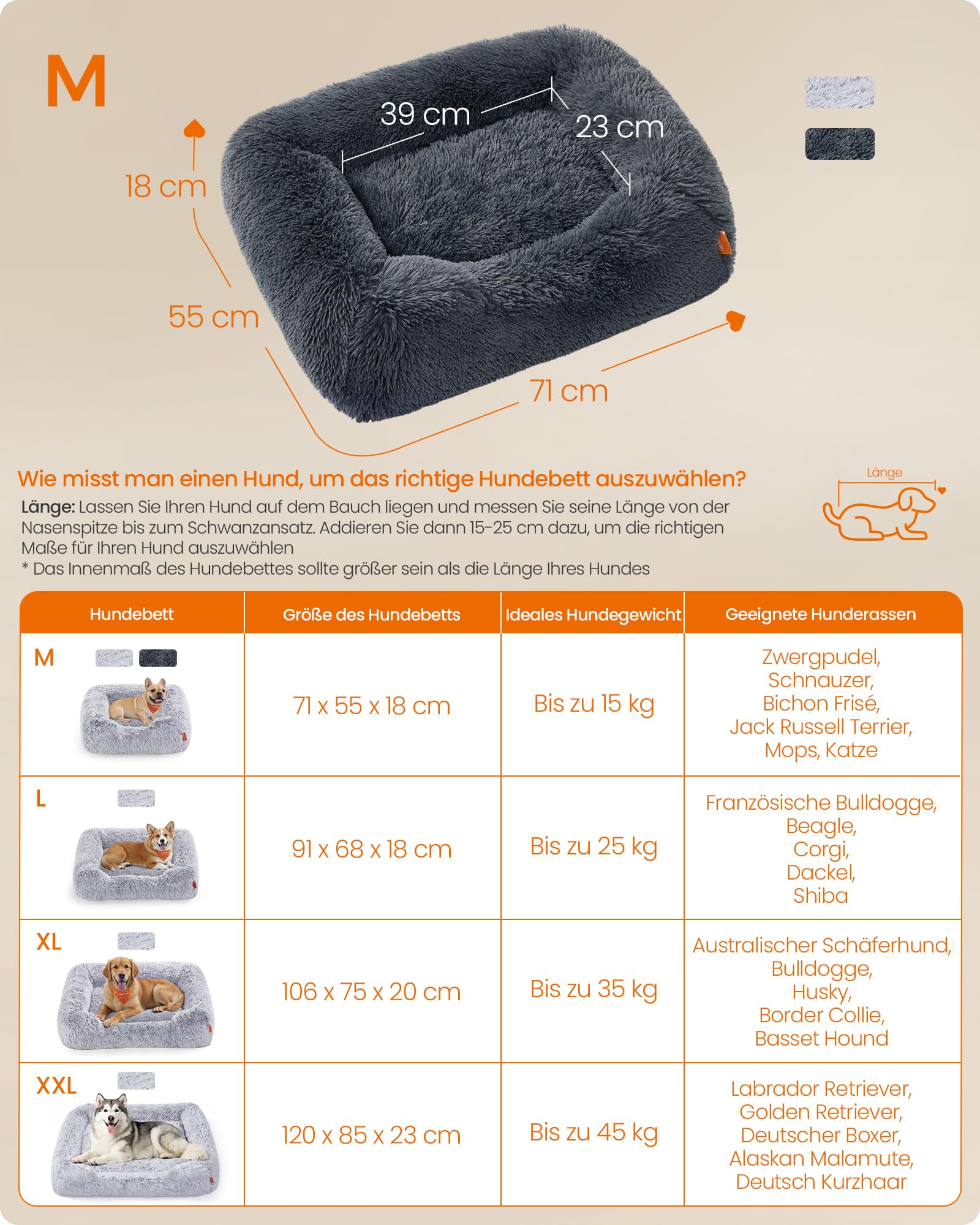 Feandrea Hundebett, mittelgroßes Hundekissen, 71 x 55 x 18 cm, Hundekorb, weiche Polsterung, Hundesofa, erhöhte Ränder, Bezug abnehmbar und waschbar, rutschfest, Dunkelgrau PGW271GR01