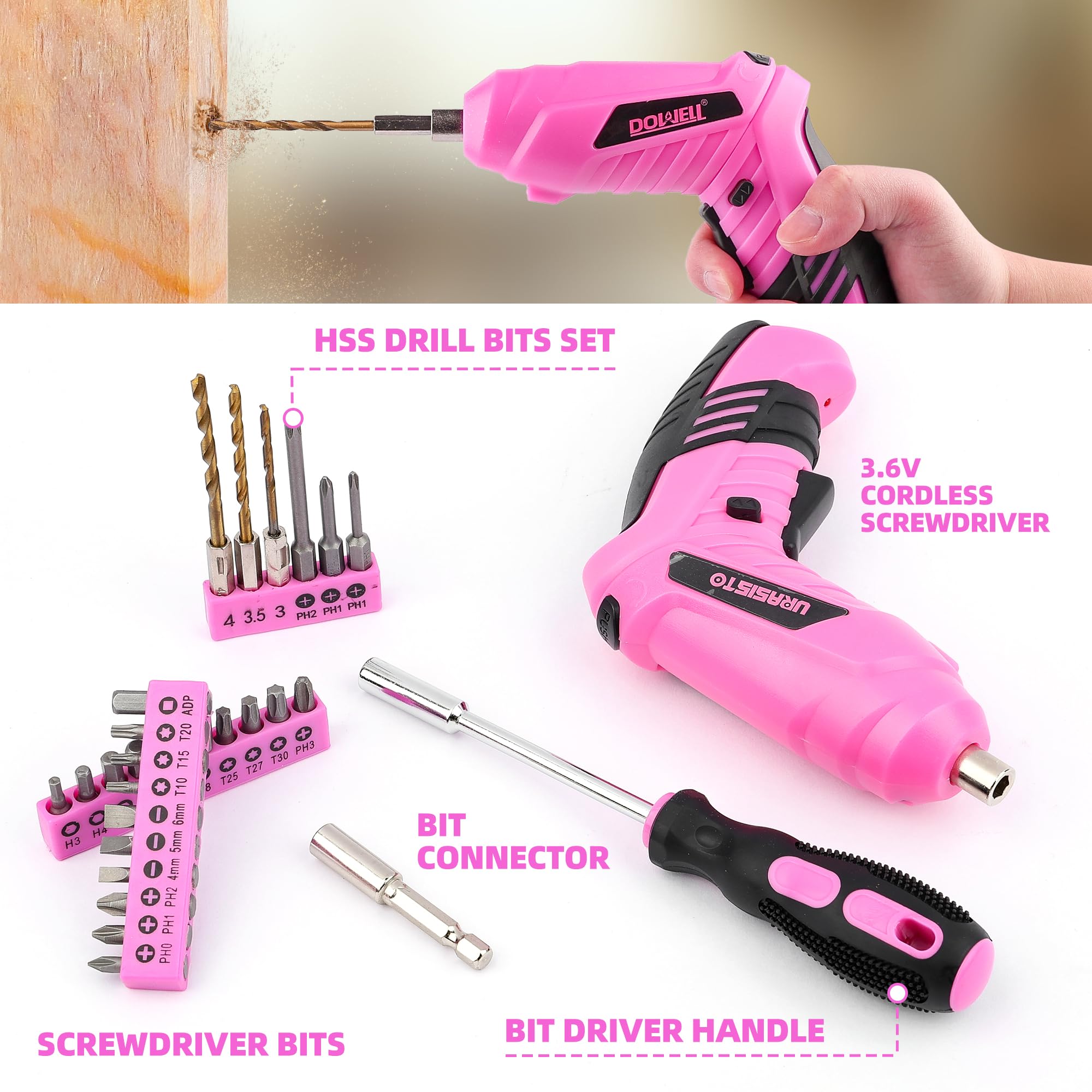 URASISTO 123 Piece Pink Tool Set - Electric Screwdriver Kit -6