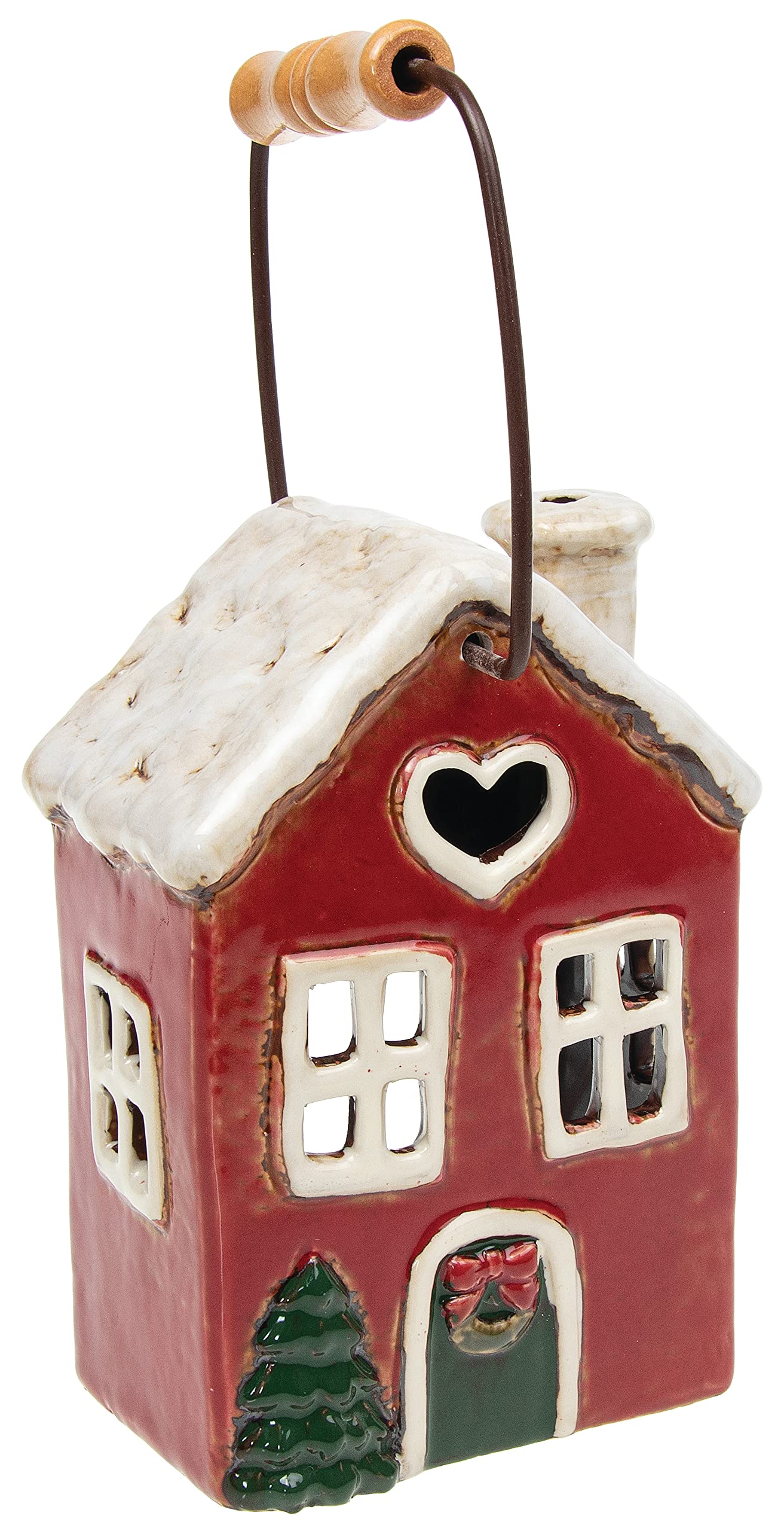 Shudehill Giftware Red Xmas Village Pottery Heart Lantern Small
