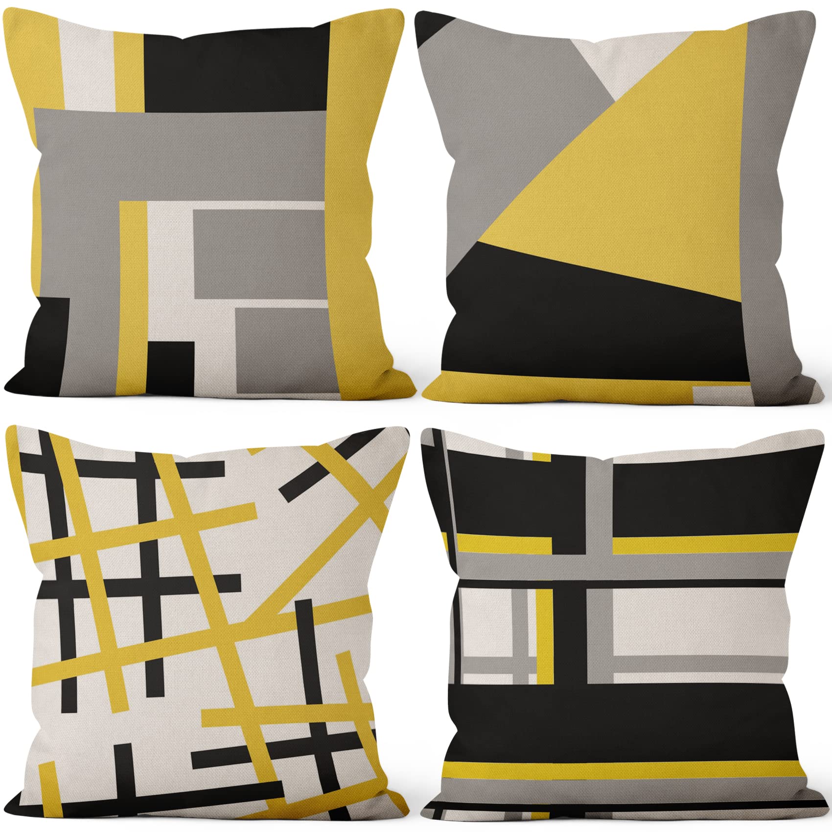 Aoihrraan 41x41cm 4er Set Dekorativ Kissenbezug Gelb Schwarz Modern Geometrische Muster Quadratische Dekokissen Aus Leinen Wohnkultur Für Bett Wohnzimmer Draussen Balkon Terrasse Patio Garten Sofá