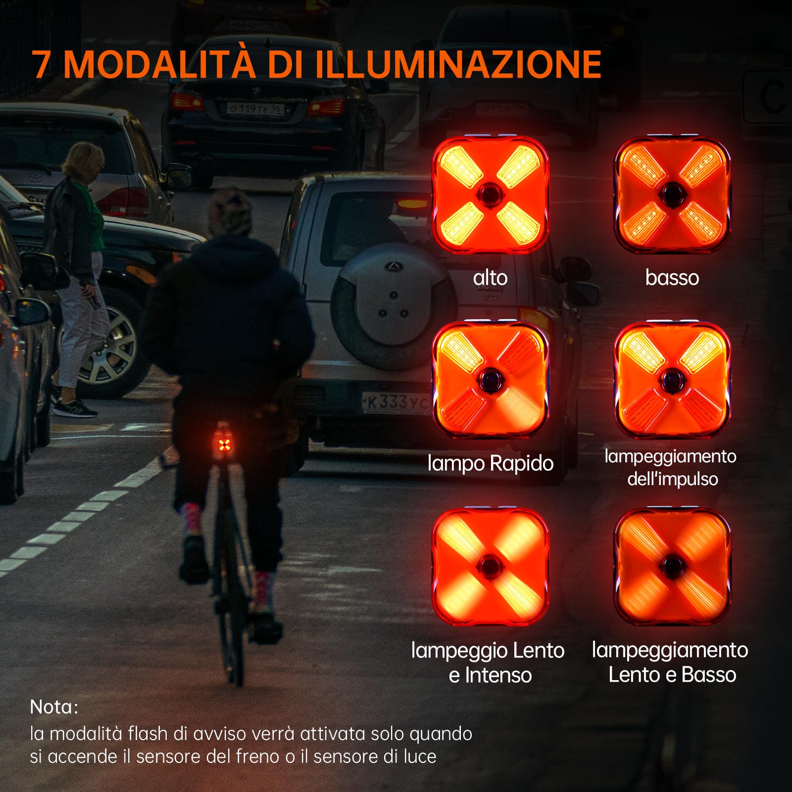 RAVEMEN CLO6 Fanalini Posteriore per Bicicletta,50 Lumen 7 modalità Luce del Freno,Luce di Avvertimento con sensore di frenata e sensore di Luce,USB-C Ricaricabile Impermeabile IPX6