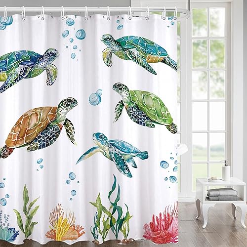 Miniatura 3 de Cortina de ducha de tortuga marina para baño, cortina decorativa costera de baño, 72 x 72 pulgadas, tela de poliéster, cortinas de baño impermeables