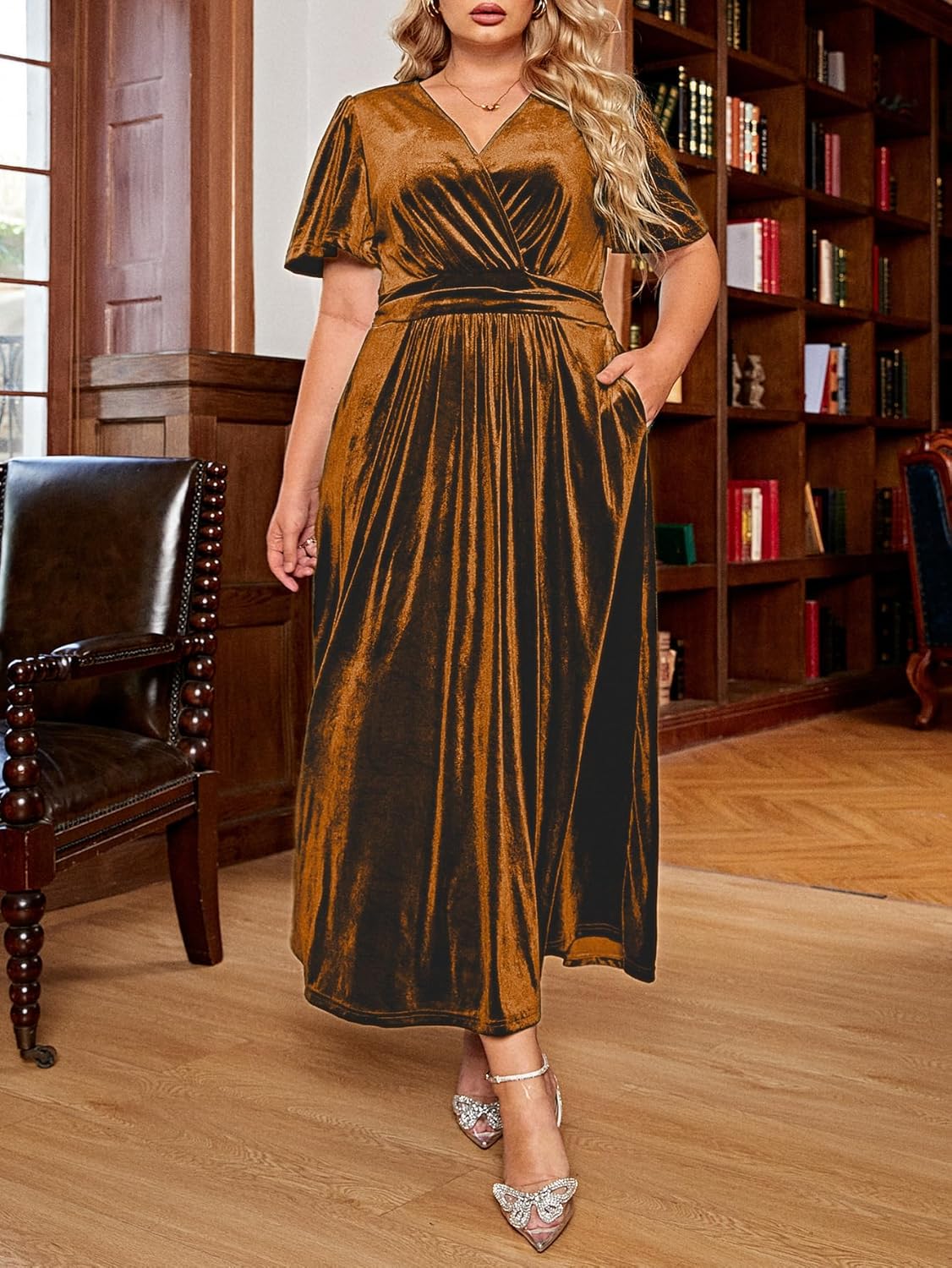 BerryGo Womens Wedding Guest Velvet Formal Dress High Waisted Maternity Maxi Dress Short Sleeve V Neck Slit Dress 2025 - Image 2