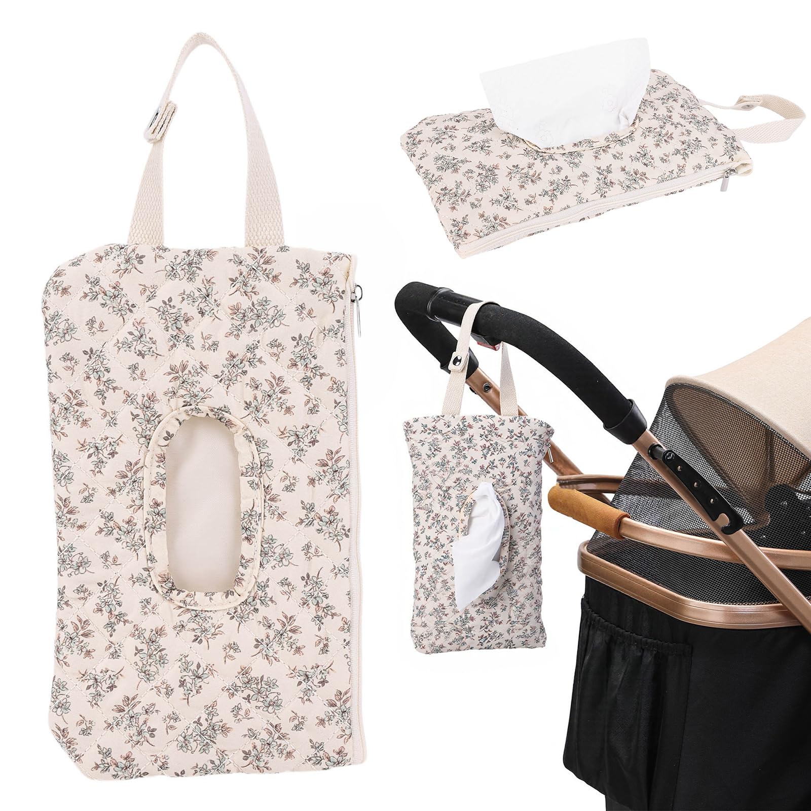 Quilted Baby Wipe Holder, Canvas Floral Quilted Pouch with Hanging Strap, Portable Diaper Wipe Holder for Travel Stroller-Hibiscus - 1