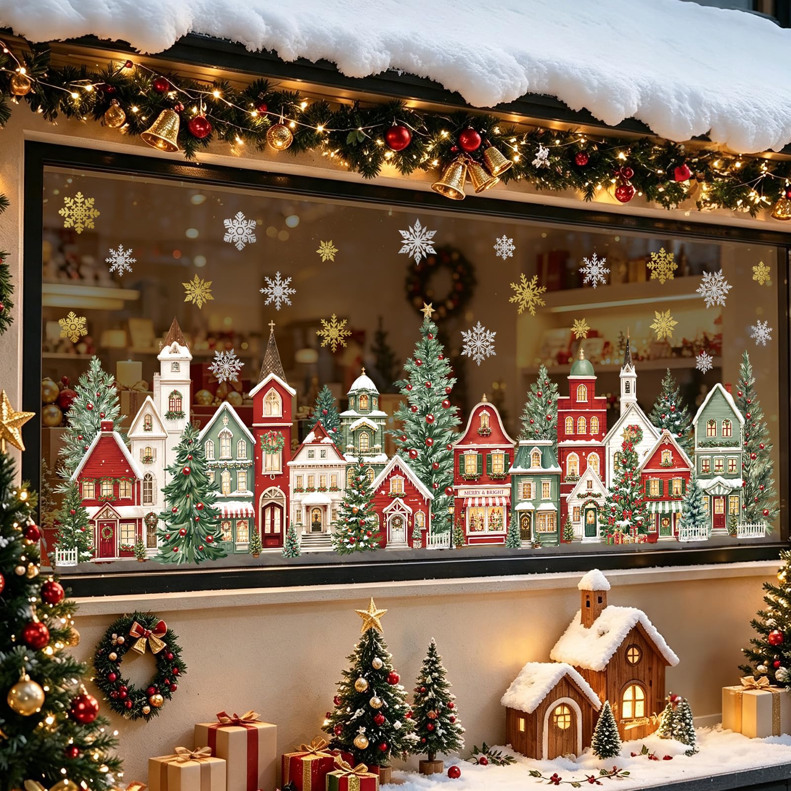 decalmile Window Clings Vintage Christmas Red House Xmas Tree Windows Decal