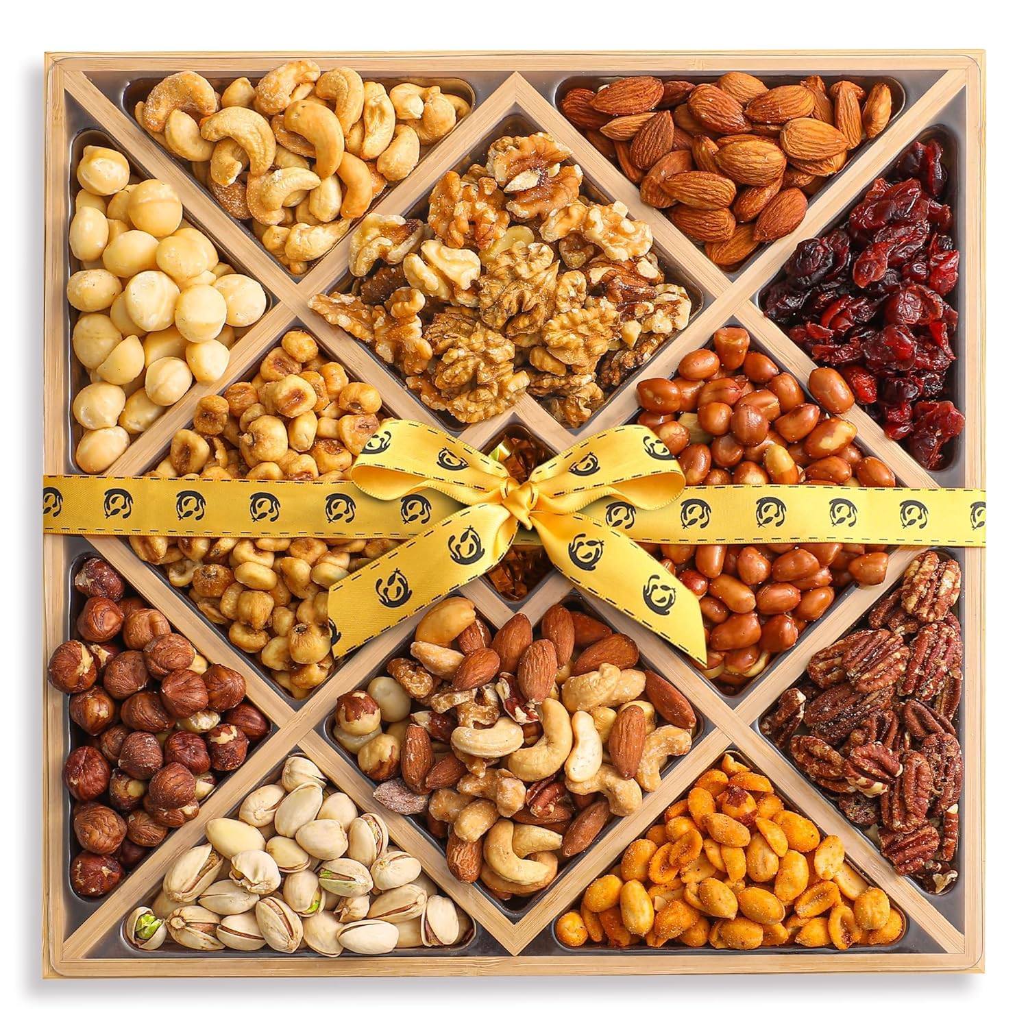 Gourmet Mixed Nuts Christmas Gift Basket in Sleek Bamboo Wood Reusable Platter | XL 2.5 lb Platter Includes 12 Assortments of Premium Nuts, Kosher