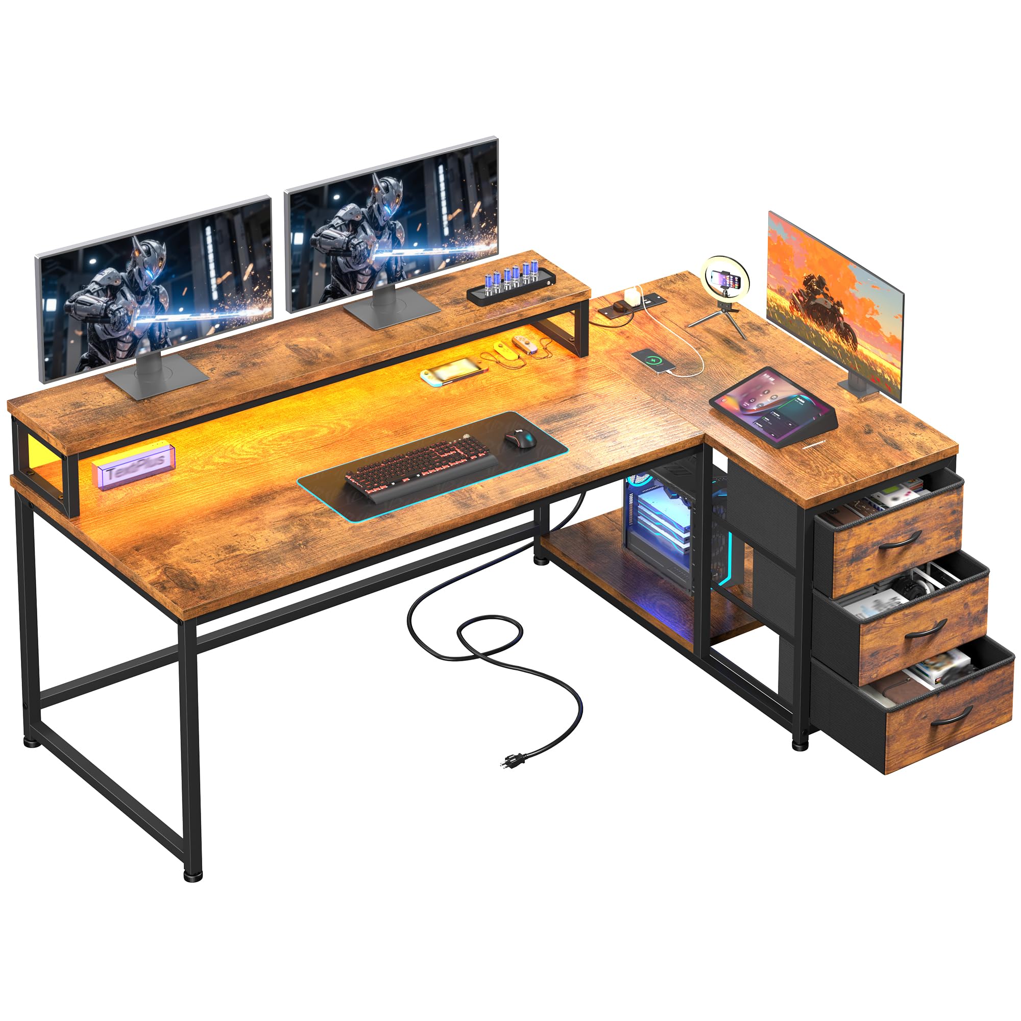 Cliporix L Shaped Computer Desk with Power Outlets & RGB Lights,140x80cm
