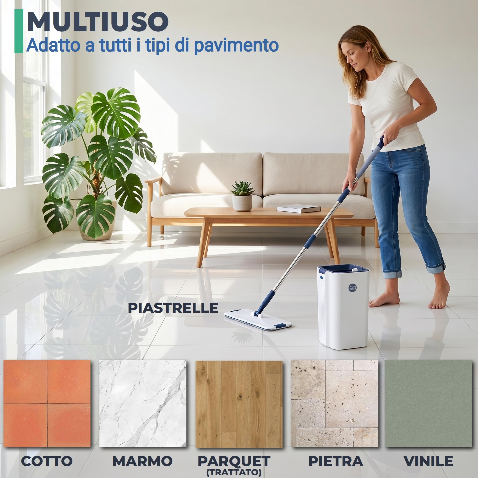 Set di mocio piatto e secchio, lavapavimenti Pure Water System, Separazione Acqua Sporca e Pulita: Ultra Igienico Pulizia Facile, Mocio Piatto Microfibra, Autopulente, Secchio Strizzatore