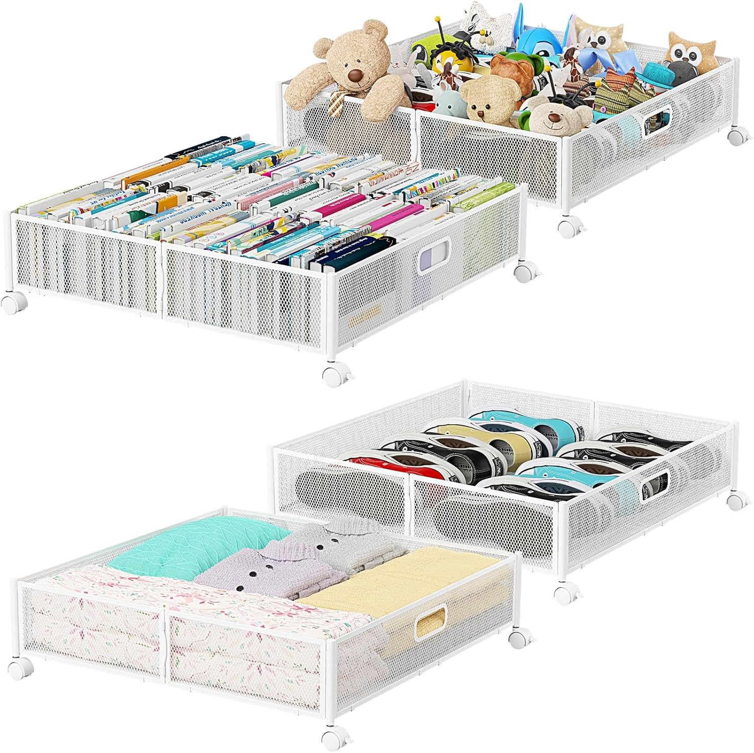 Under Bed Storage, Under the Bed Storage Containers with Wheels, Under Bed Shoe Storage Organizer Drawer, Tool-free Assembly Metal Underbed Storage Containers for Bedroom Clothes Shoes Blankets -4PCK