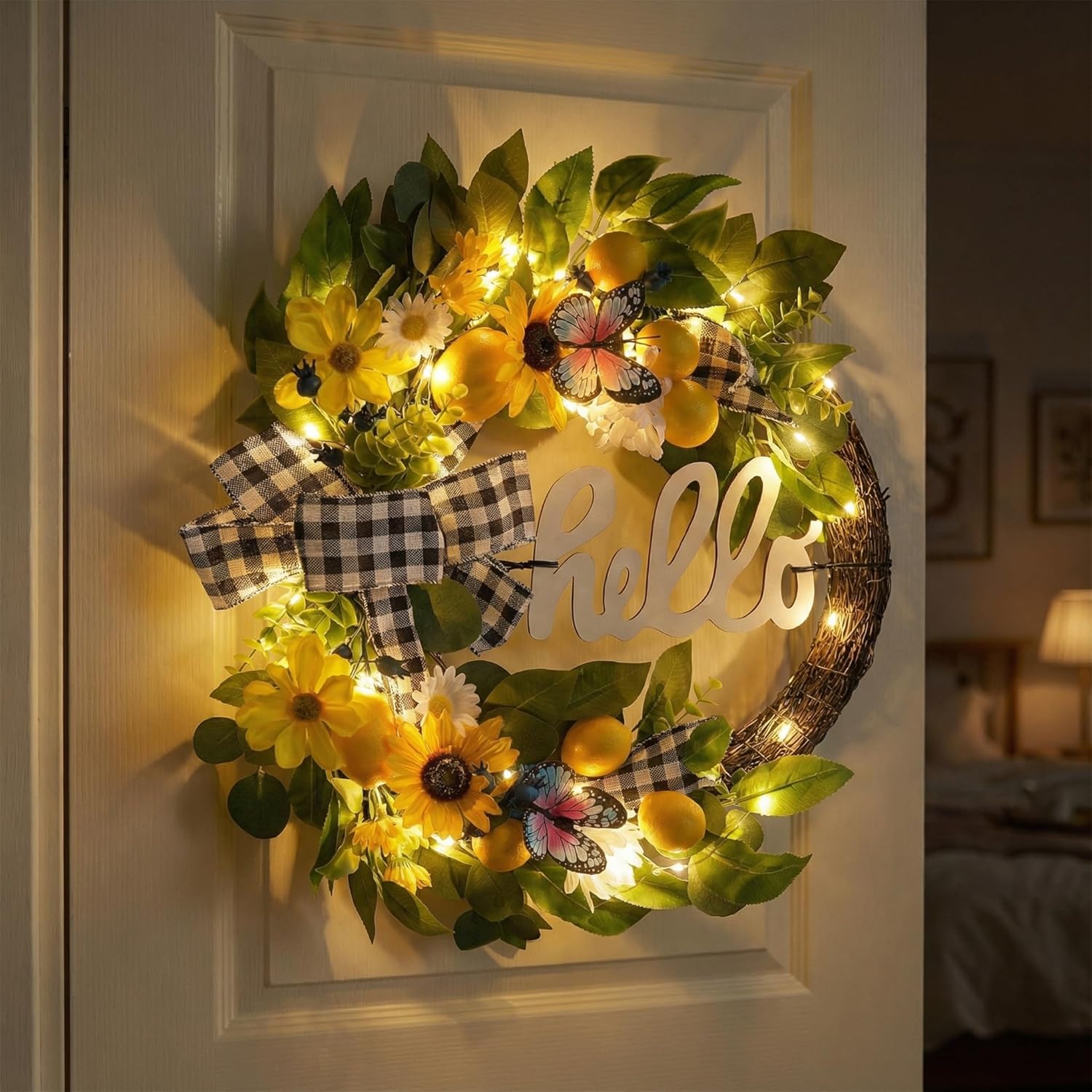 Valery Madelyn 24‘’ Collapsible Pre-lit Spring Summer Lemon Wreath for Front Door, Lighted Yellow Sunflower Wreaths with Hello Sign & Ribbon, Farmhouse Home Porch Wall Kitchen Amalfi Coast Decor