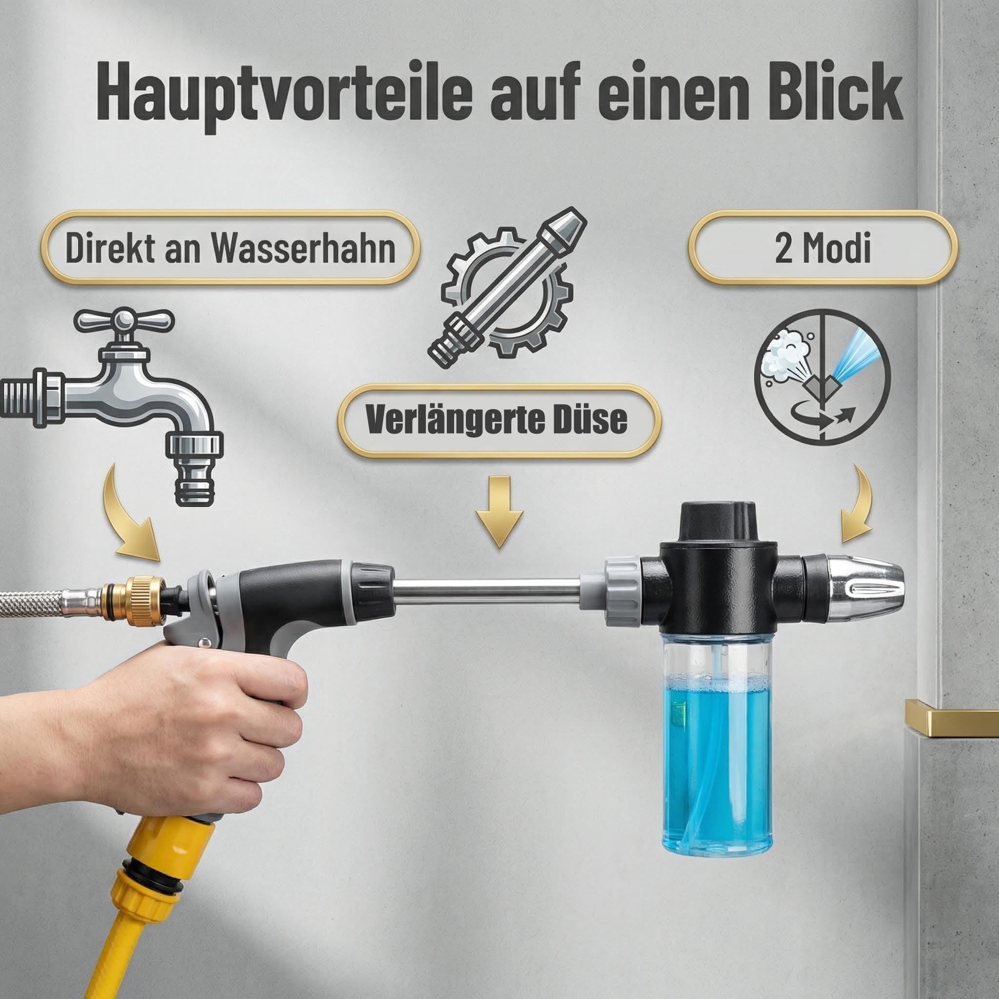 Power Jet Hochdruckpistole – Powerjet Wasser, 3 Sprühmodi mit Wasserblitz-Düse & TurboWasher-Zubehör, robuster Außenreiniger für Gartenschlauch, ideal für Autowäsche, Garten (Upgrade)