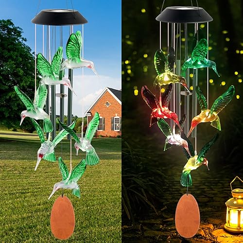 Vista 6 de Campanilla de viento solar de colibrí que cambia de color al aire libre, decoración de jardín, regalo de abuela, regalos para mamá, regalos