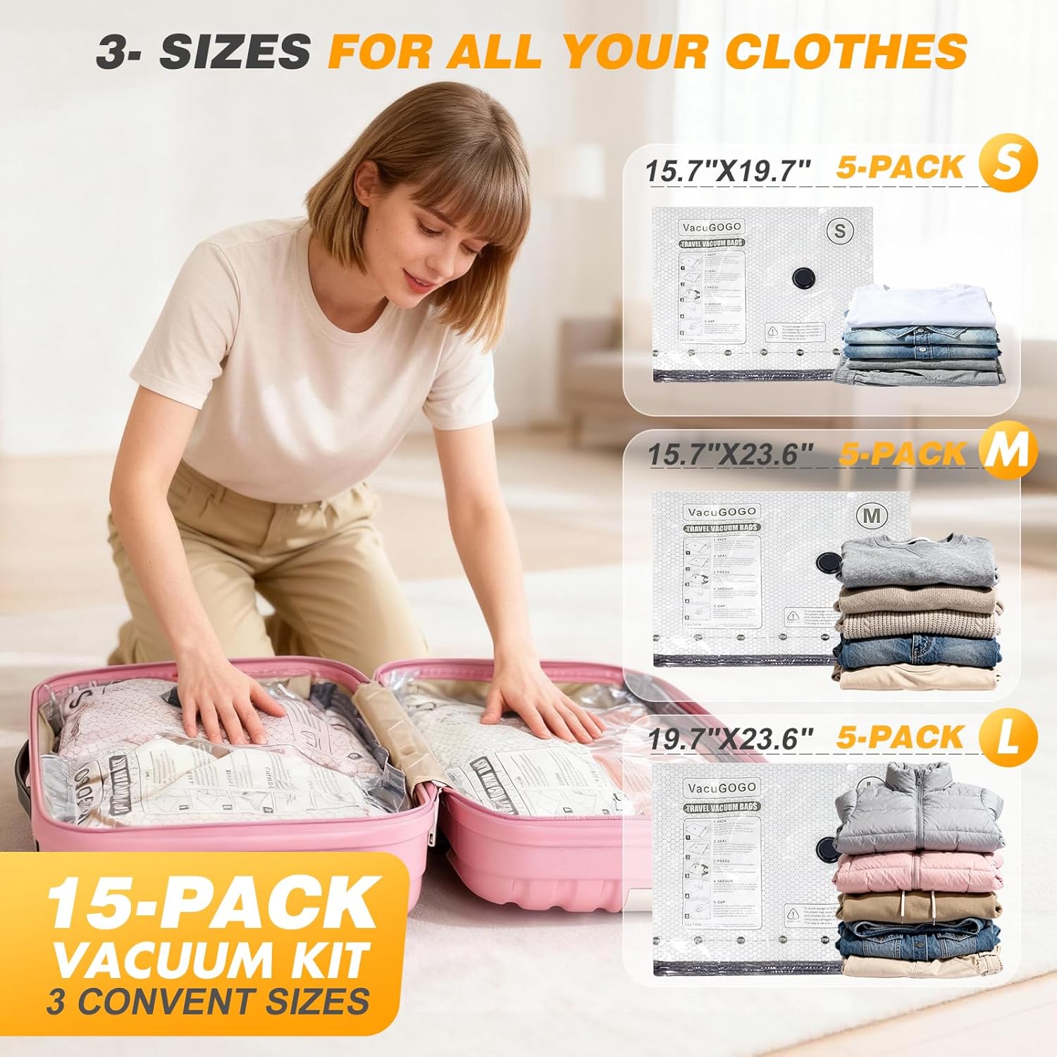 Travel Vacuum Storage Bags with Pump, Carry-on Luggage Compression Bags + Portable Electric Pump, 80% Space Saver for Clothes, Vacuum Seal Bags for Clothing Packing Travel, Pack of 15 - Image 6