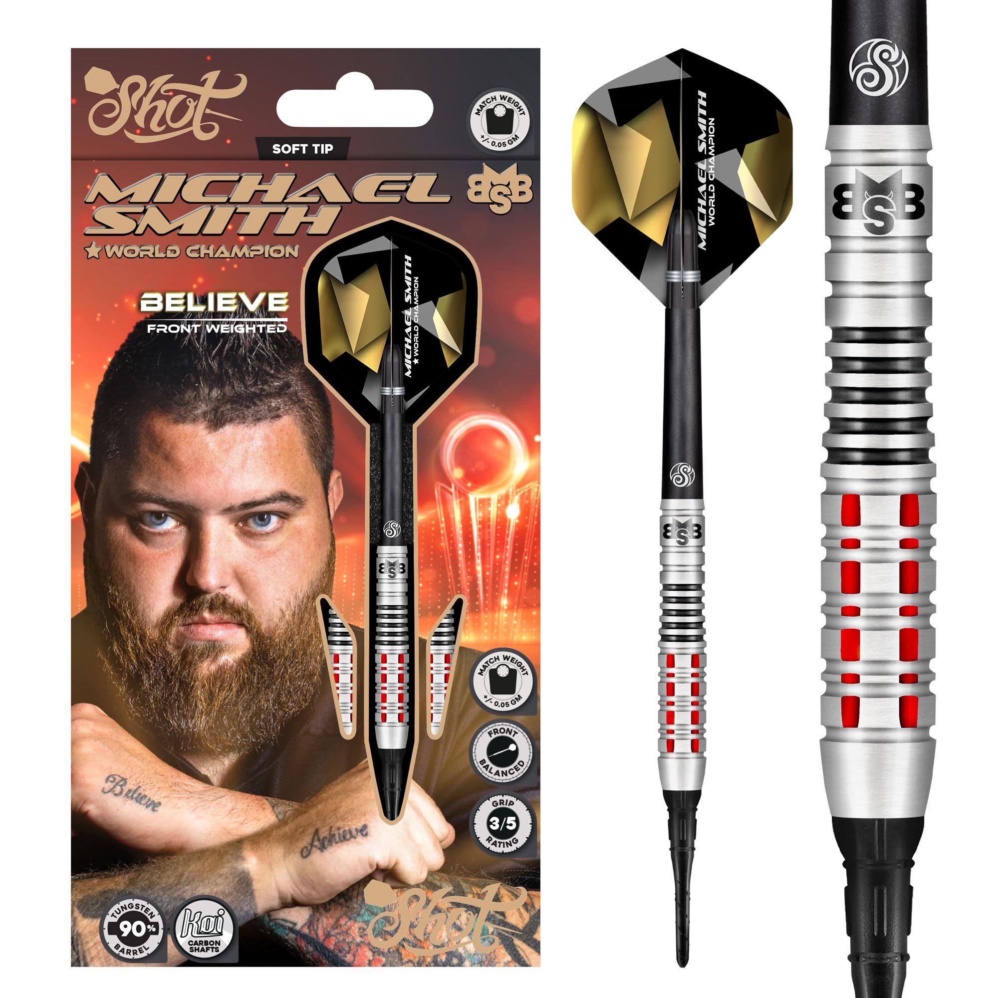 Fléchettes de précision Shot Michael Smith Believe 90% soft tip plastique 18g