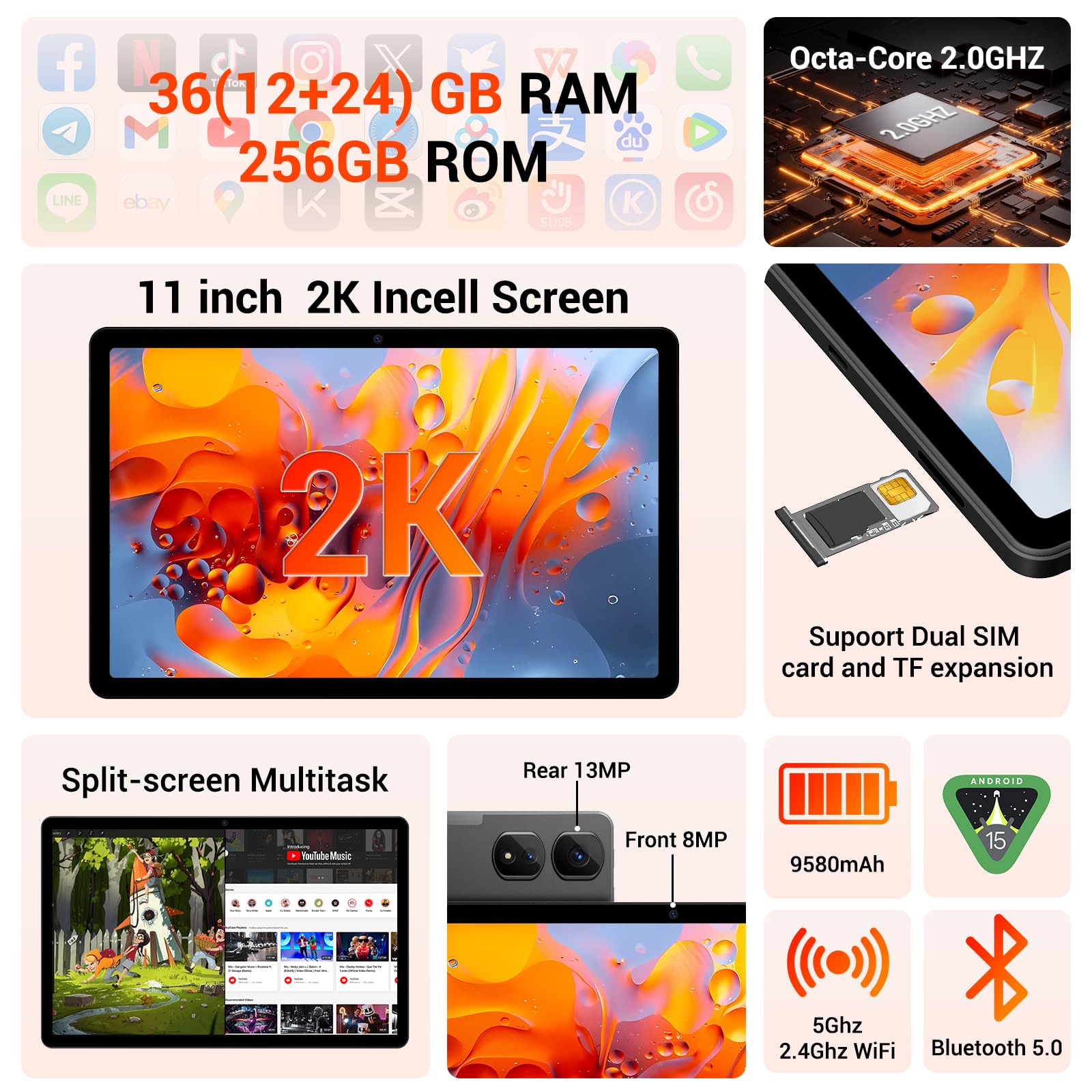 MAXLEGEN Android Tablet Android 15, 11 Pollici 2K FHD (2000x1200), 36GB+256GB/1TB TF, 4G LTE SIM+5G WiFi, Octa-Core, 9580mAh, 13MP, GPS, Tastiera/Mouse/Penna/Case Inclusa