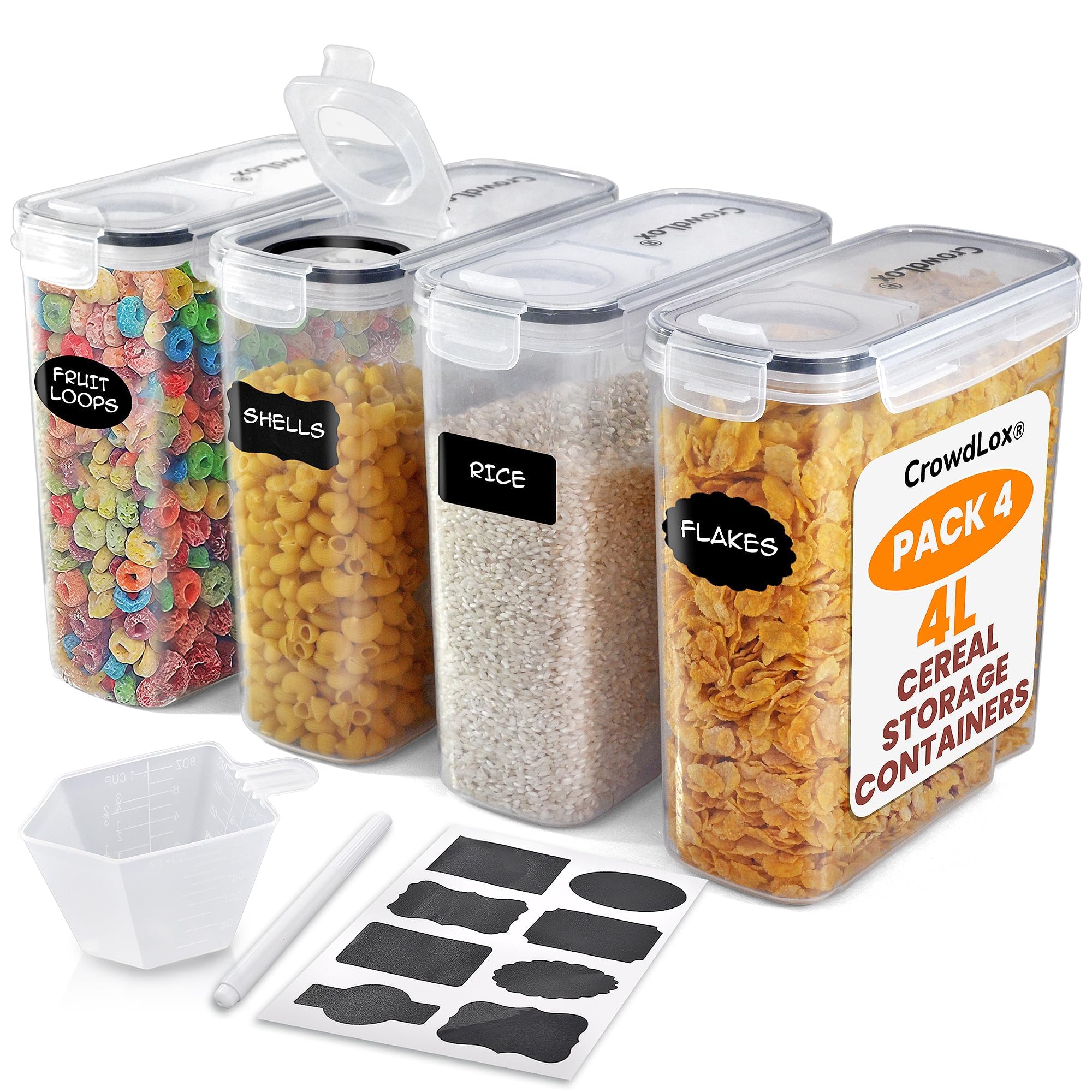 CrowdLox Cereal Storage Containers 4L Food Grade and BPA Free Sets with Lids and Labels Kitchen Storage & Organisation Food Containers Large Kitchen Organiser for Cornflakes (Pack of 4)