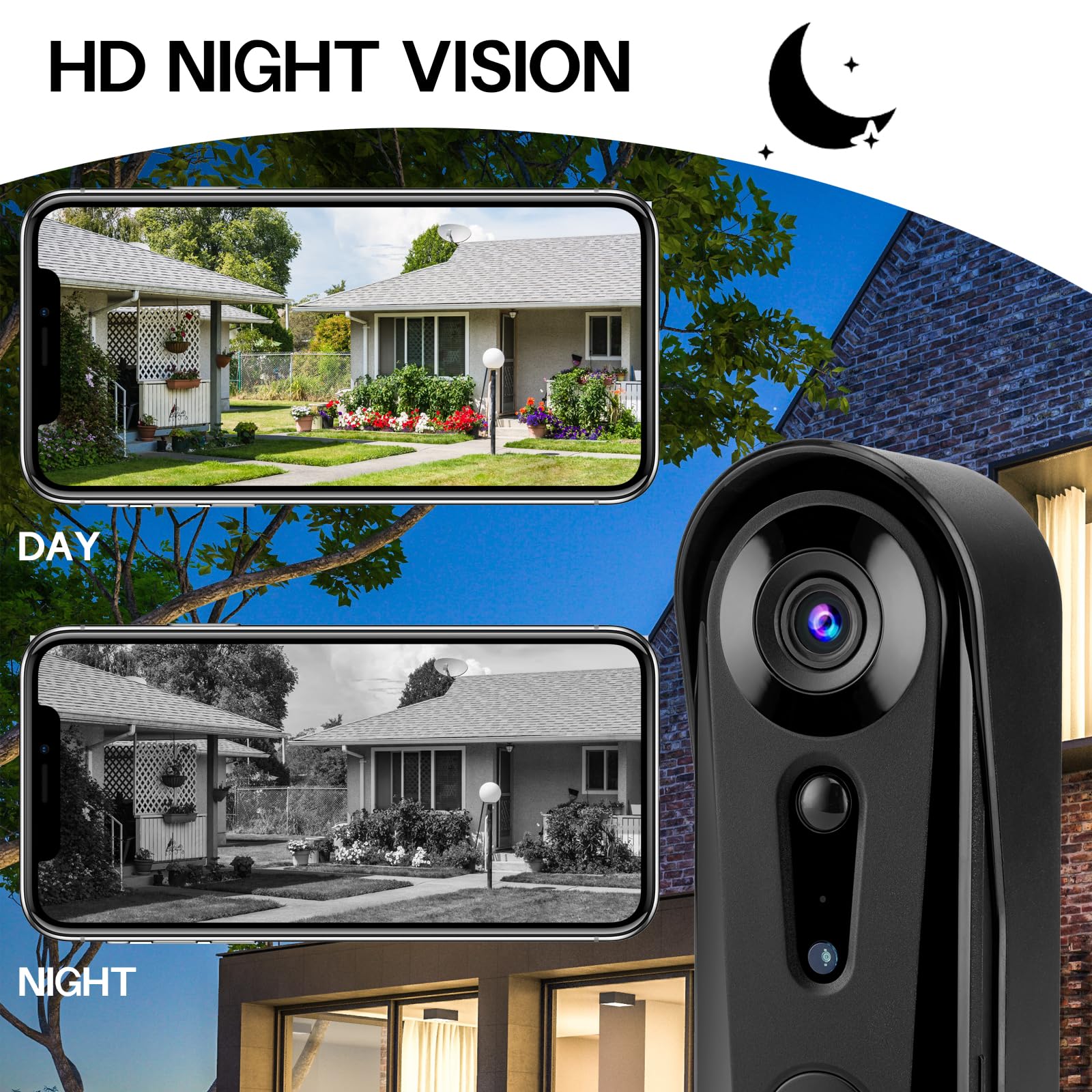 Sonnette vidéo sans fil avec détection IA – Vision nocturne, alertes de mouvement PIR, carillon intégré, IP65 résistant aux intempéries, stockage dans le nuage