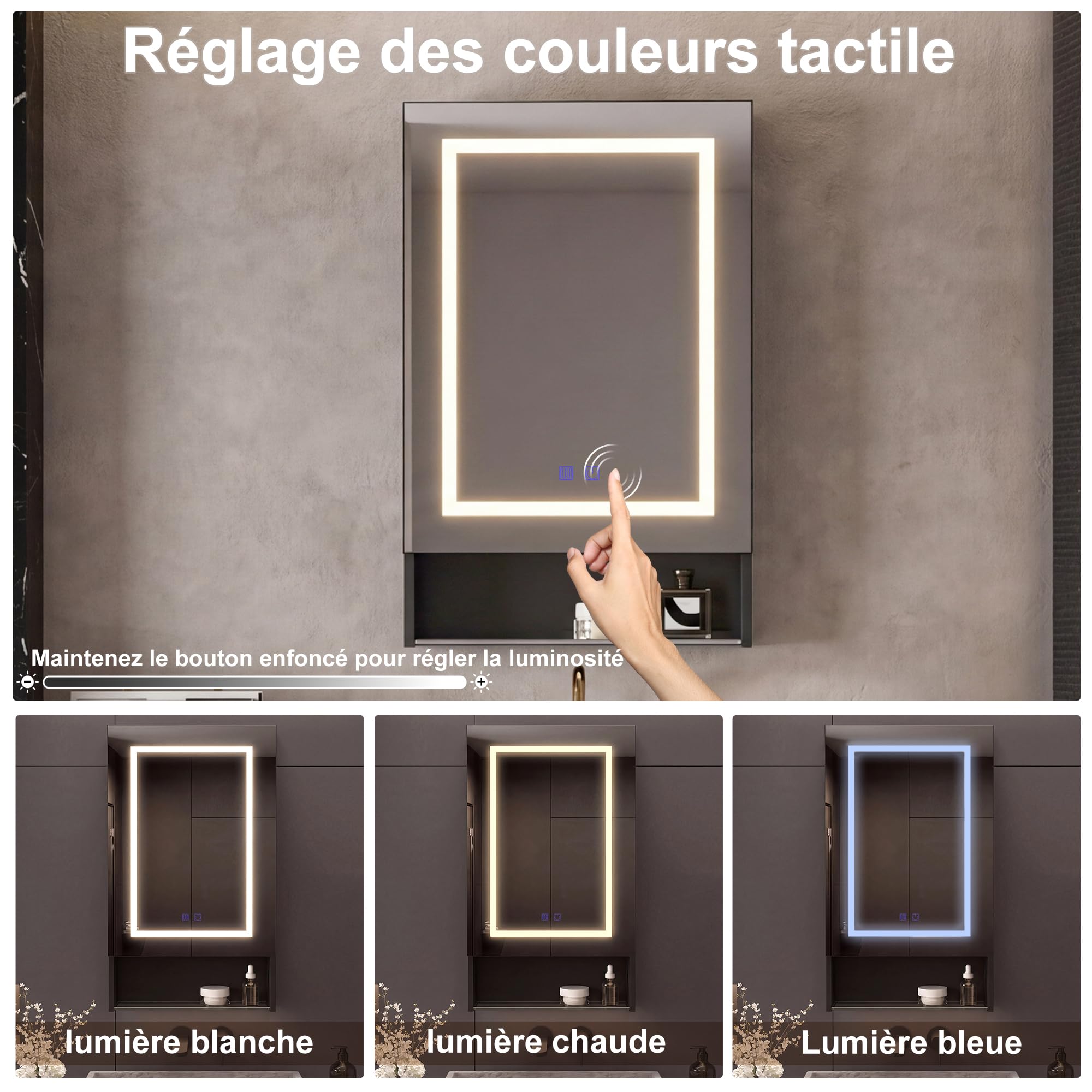 Armario de baño con espejo e iluminación LED, mueble de pared de almacenamiento para cuarto de baño, con puerta, estante ajustable, negro, 50 x 88 x 15 cm