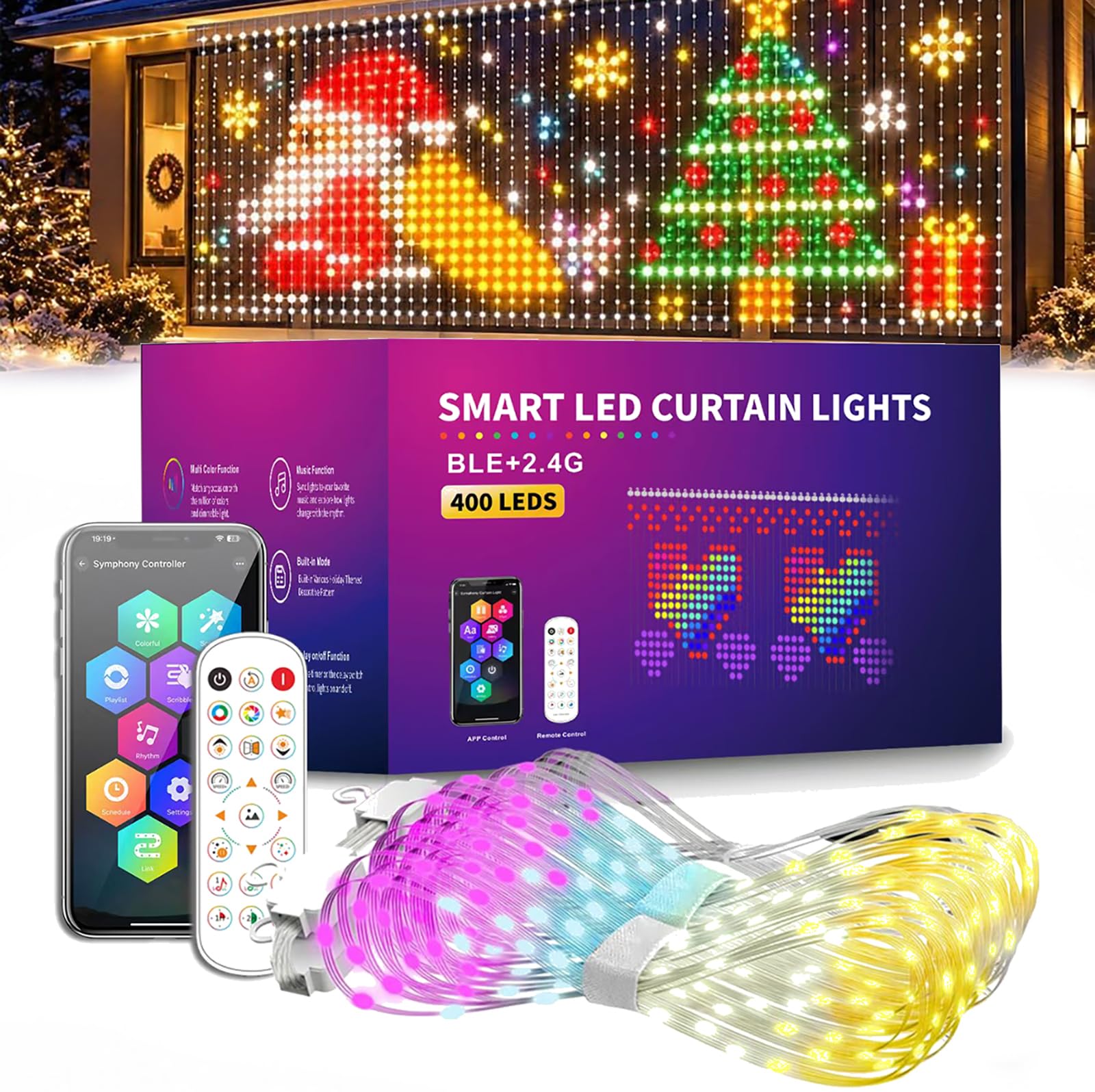 Tenda Luminosa Intelligente Natalizia da Esterno, 400 RGB LED con App e Telecomando, Telecomando e App, Motivi DIY, Ideale per Decorazioni Natalizie e Festa (1 * 1m)