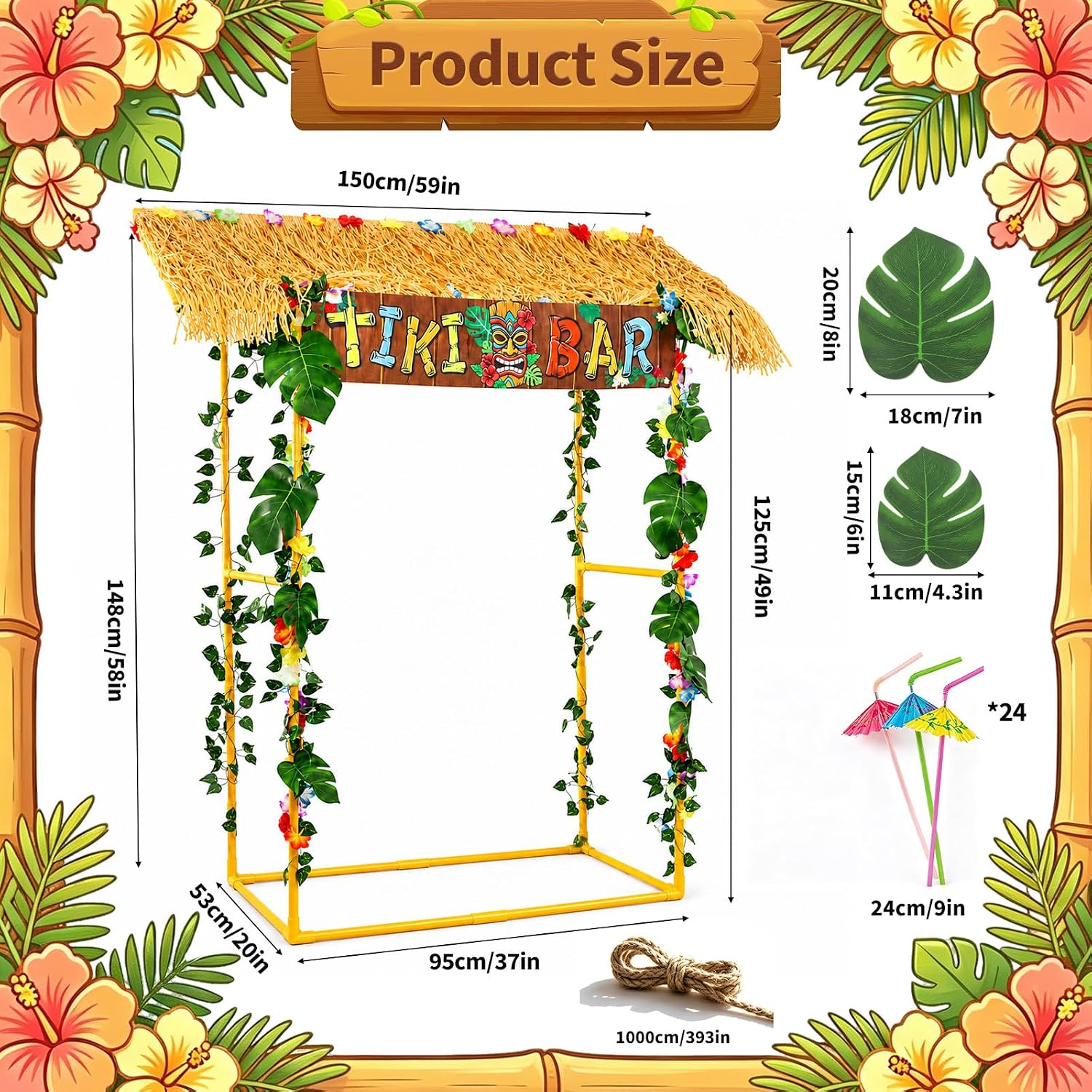 Tiki Bar Hut Kit with LED Lights, Hawaiian Luau Party Decorations Set with Roof, Table Skirt, Tablecloth, Tropical Banner, Surfboard Signs, Palm Leaves for Beach Pool Tropical Party Decor image 2